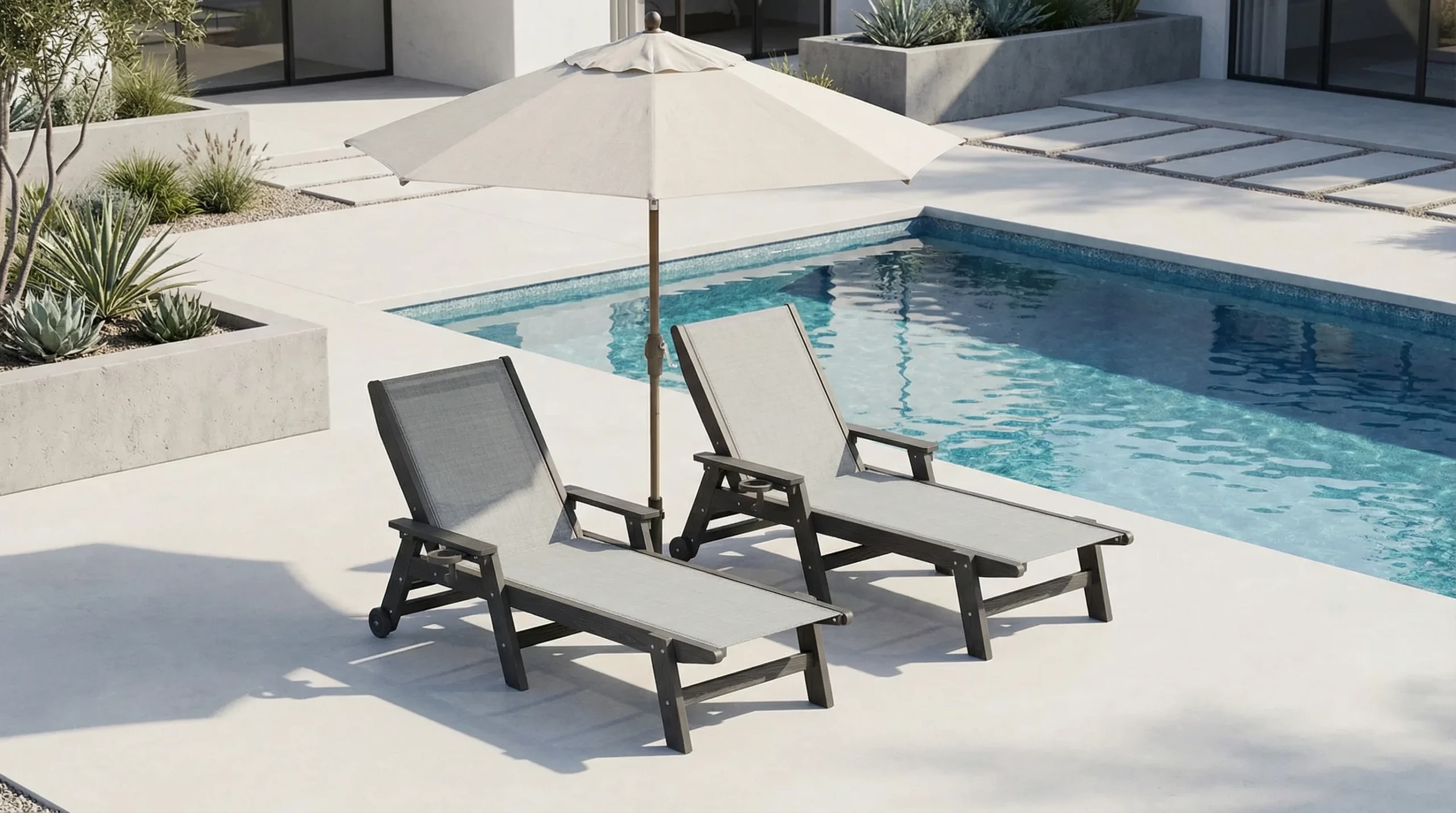 Lounge chairs by a serene pool