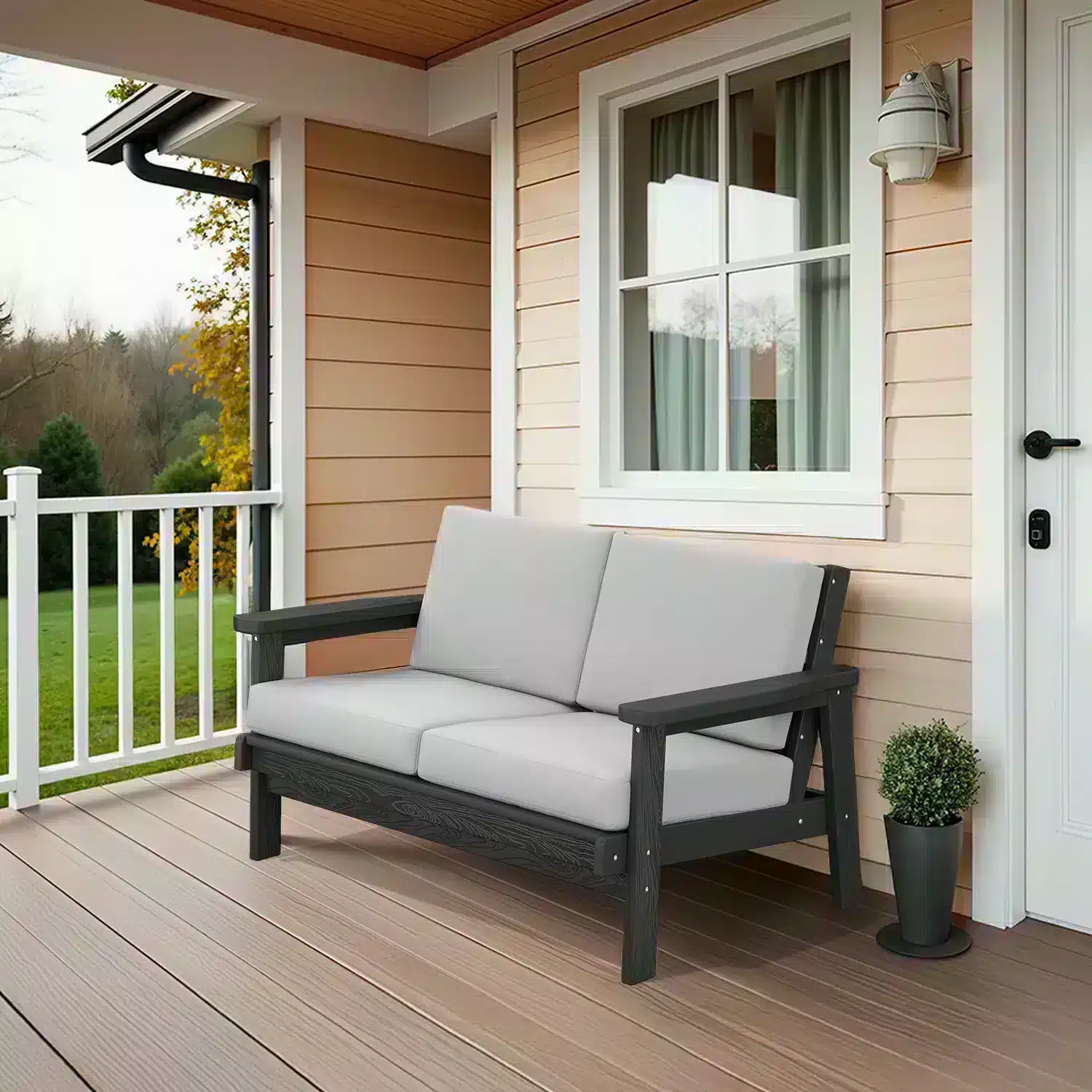 Dark Gray Loveseat Outdoor Sofa on the Porch
