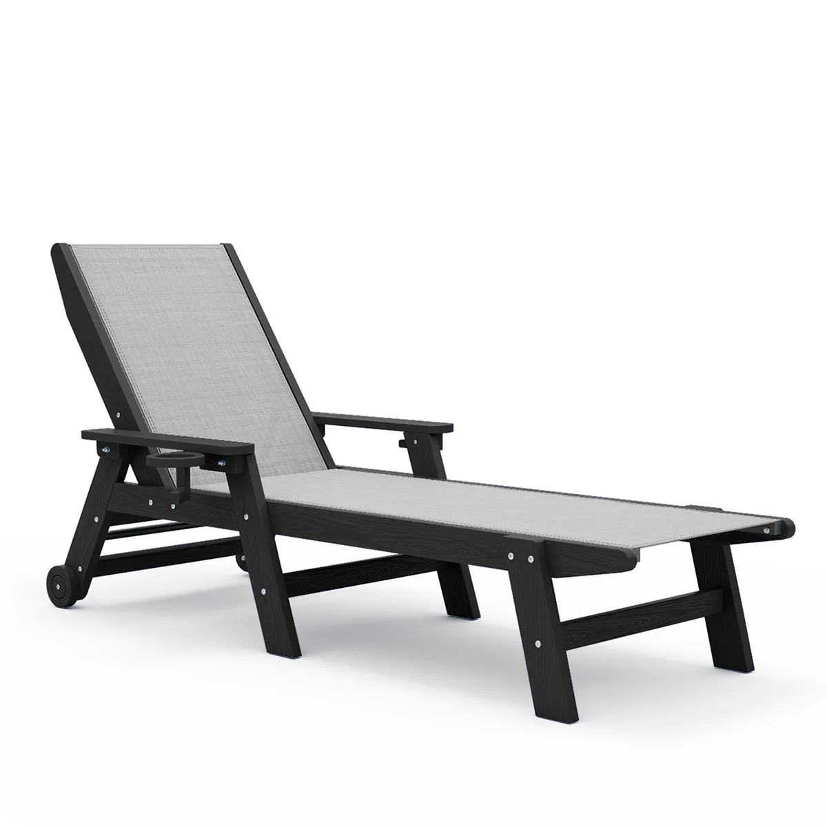 Outdoor HDPE Poly Sling Chaise Lounge Chair with Wheel and Cup-holder - Black, Dark Gray