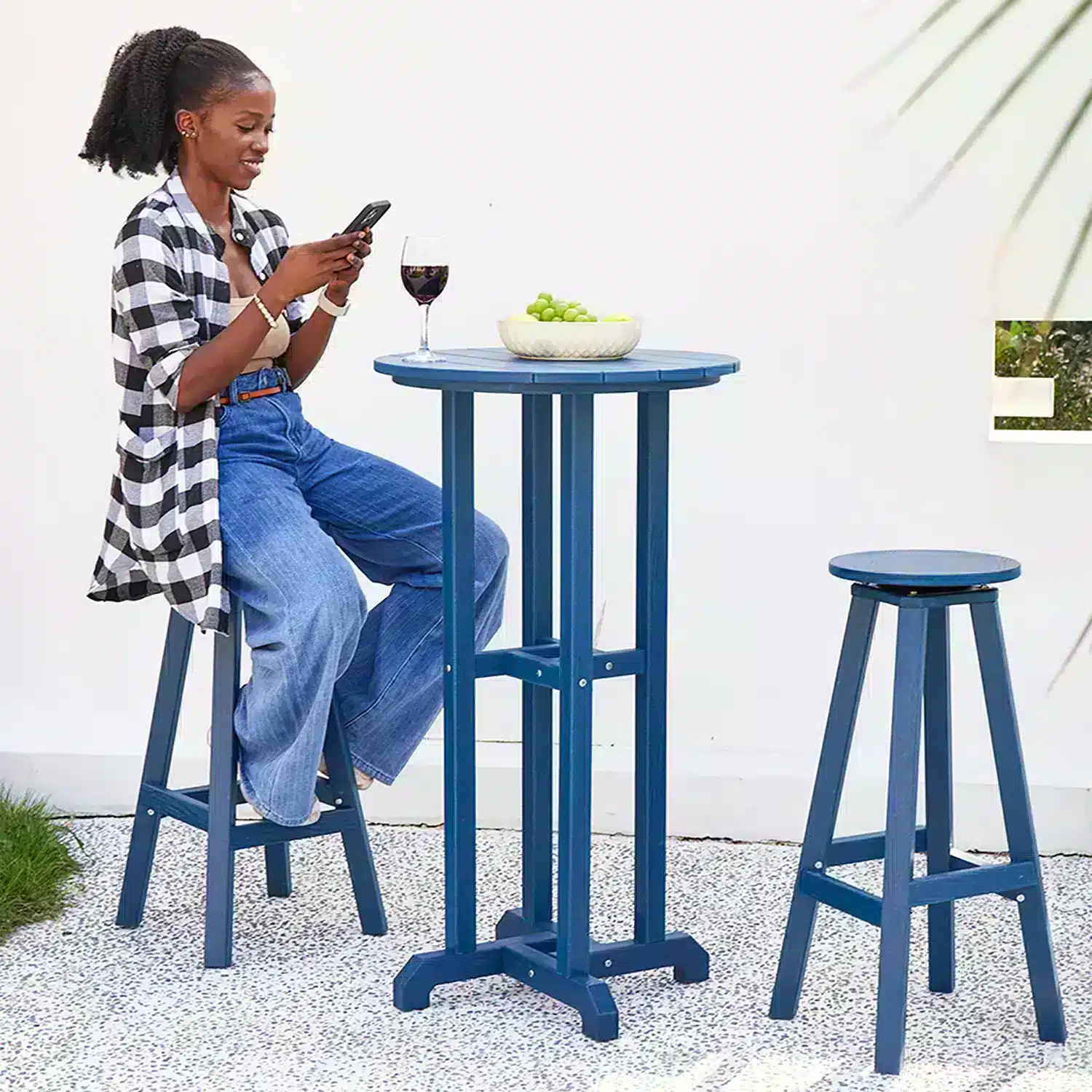 Navy Blue Set of 2 Outdoor Bar Stools_ on the Patio