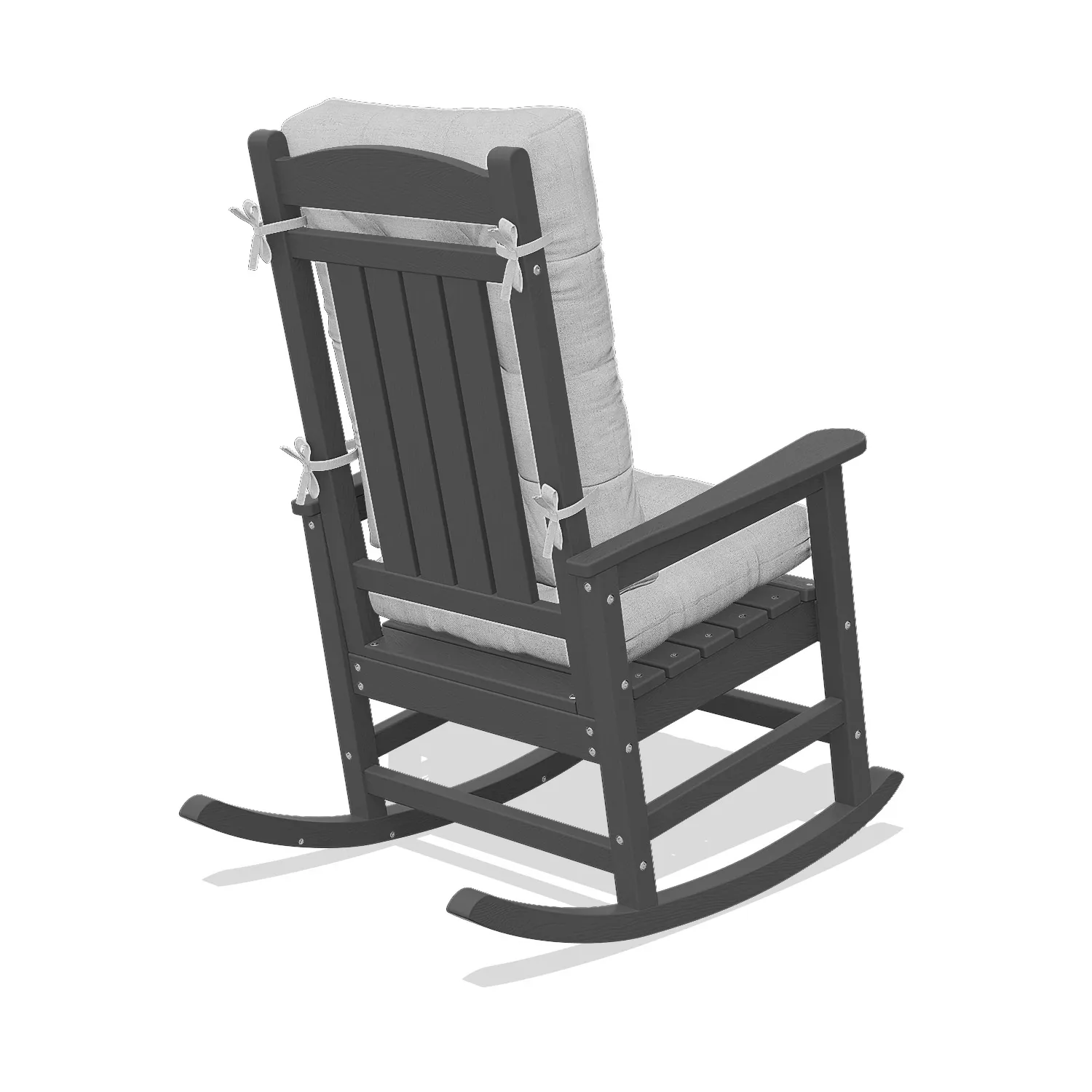 Back angled view of dark gray rocking chair with cushion