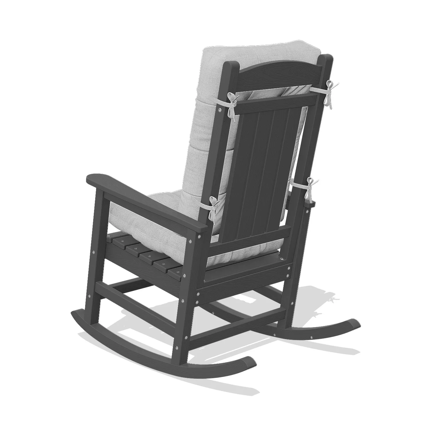 Angled view showing left side of rocking chair with cushion