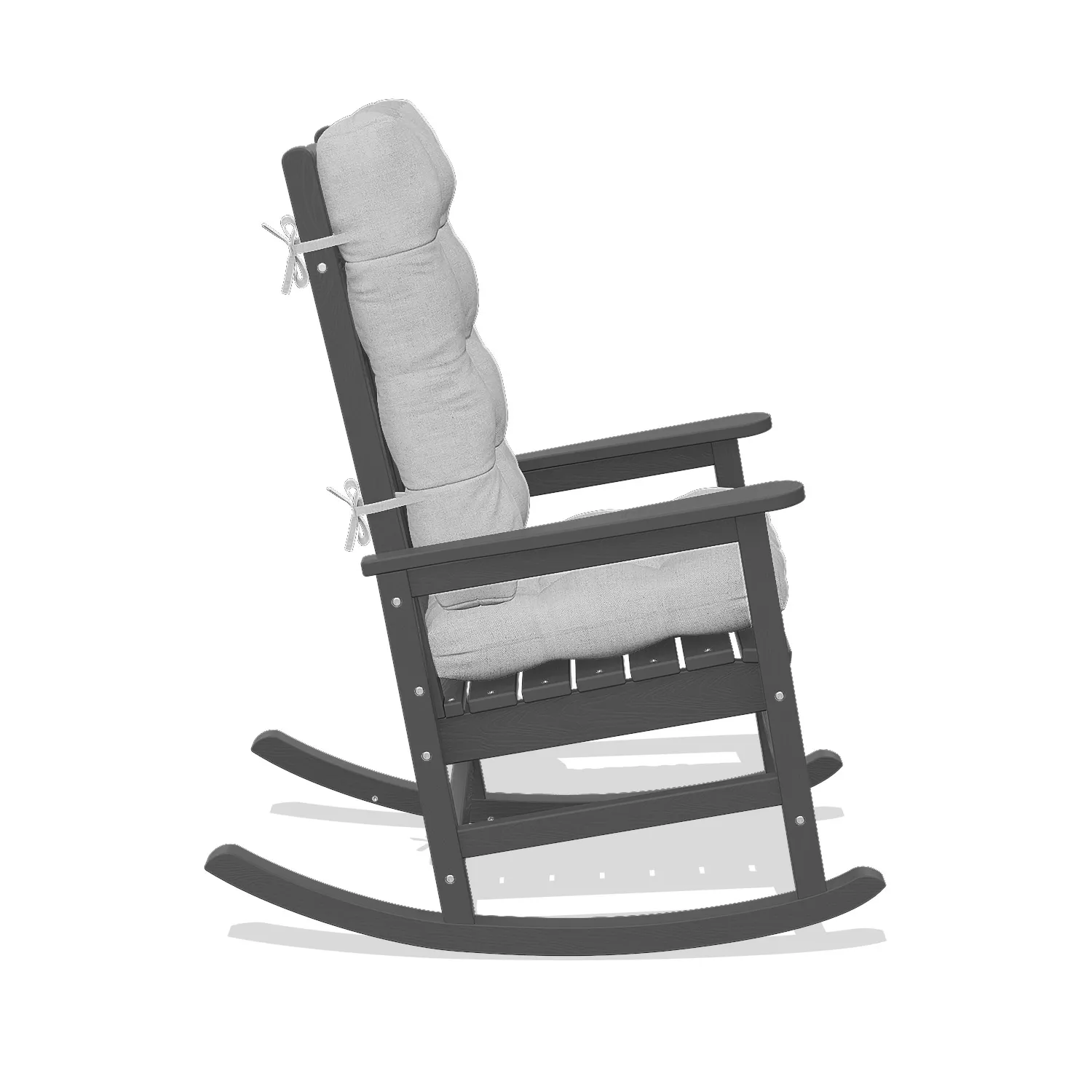 Panoramic outdoor furniture set with two white cushioned rocking chairs and a small table by pool