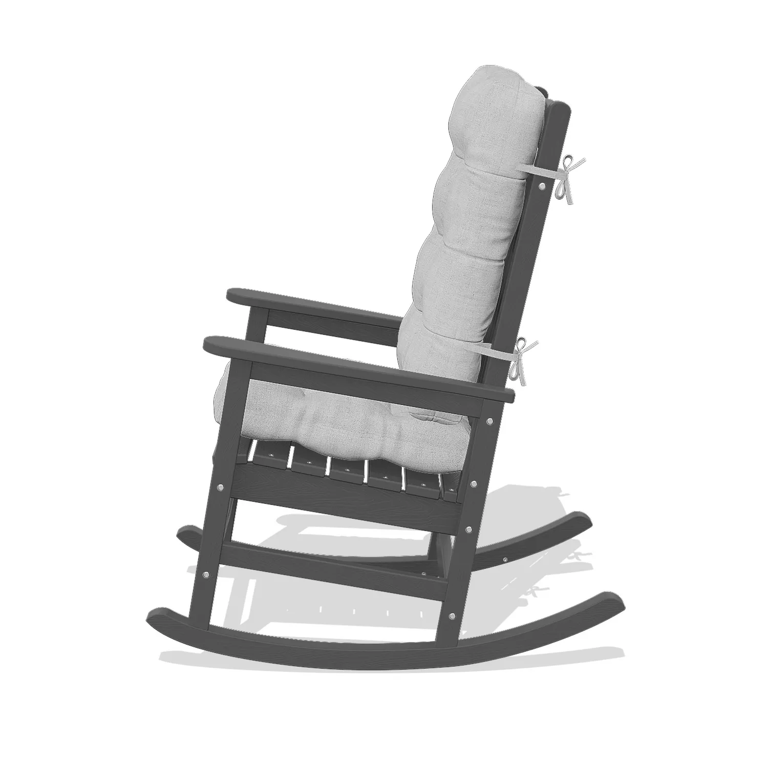 Front view of dark gray rocking chair with cushion and guard rails