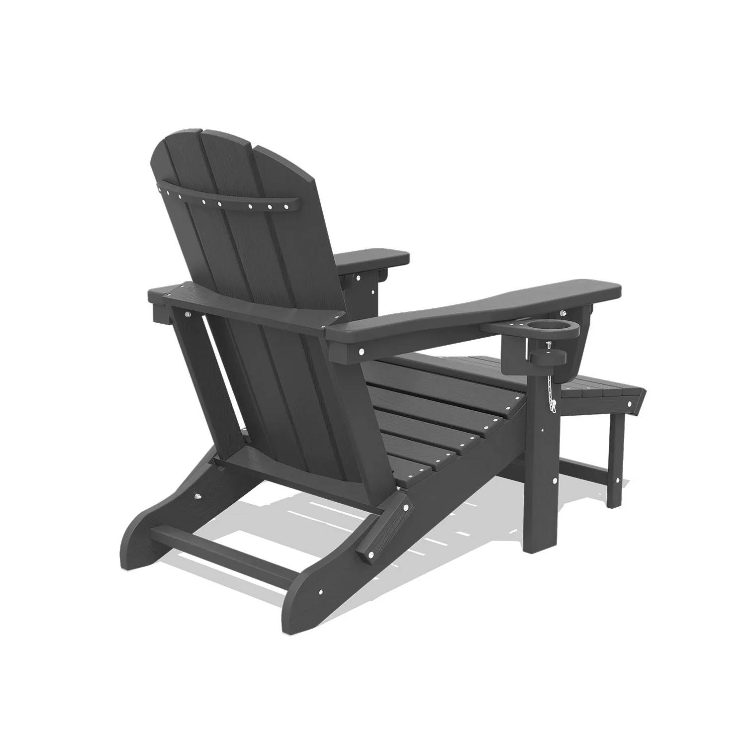 Outdoor scene showing two blue Adirondack chairs with a small table and drinks in a cozy backyard.