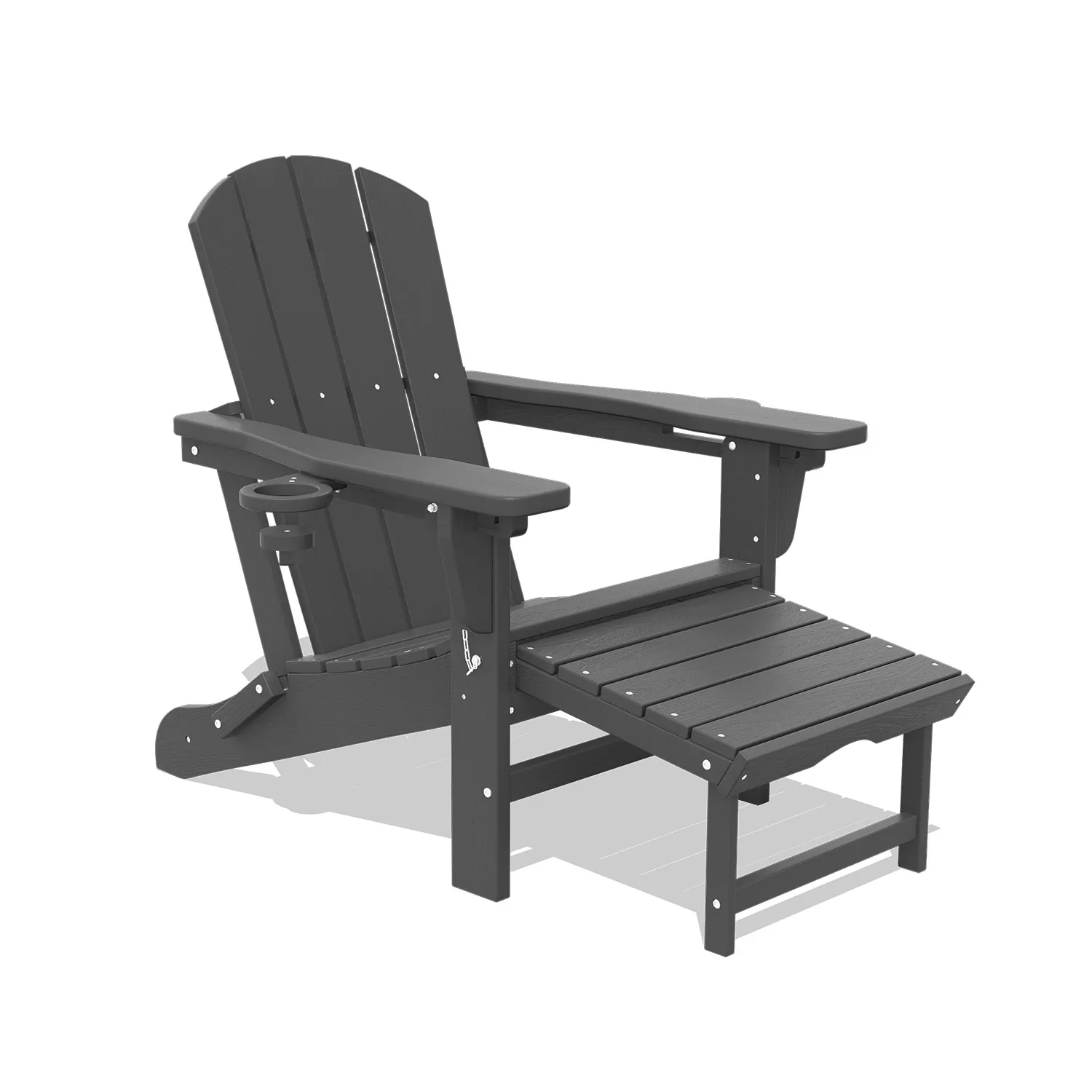 Technical dimension diagram of an Adirondack chair with measurements labeled for height, length and width.