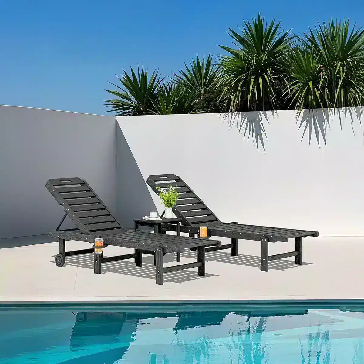 Two Dark Gray 78inch Outdoor Lounge Chairs with Reclining Backrest