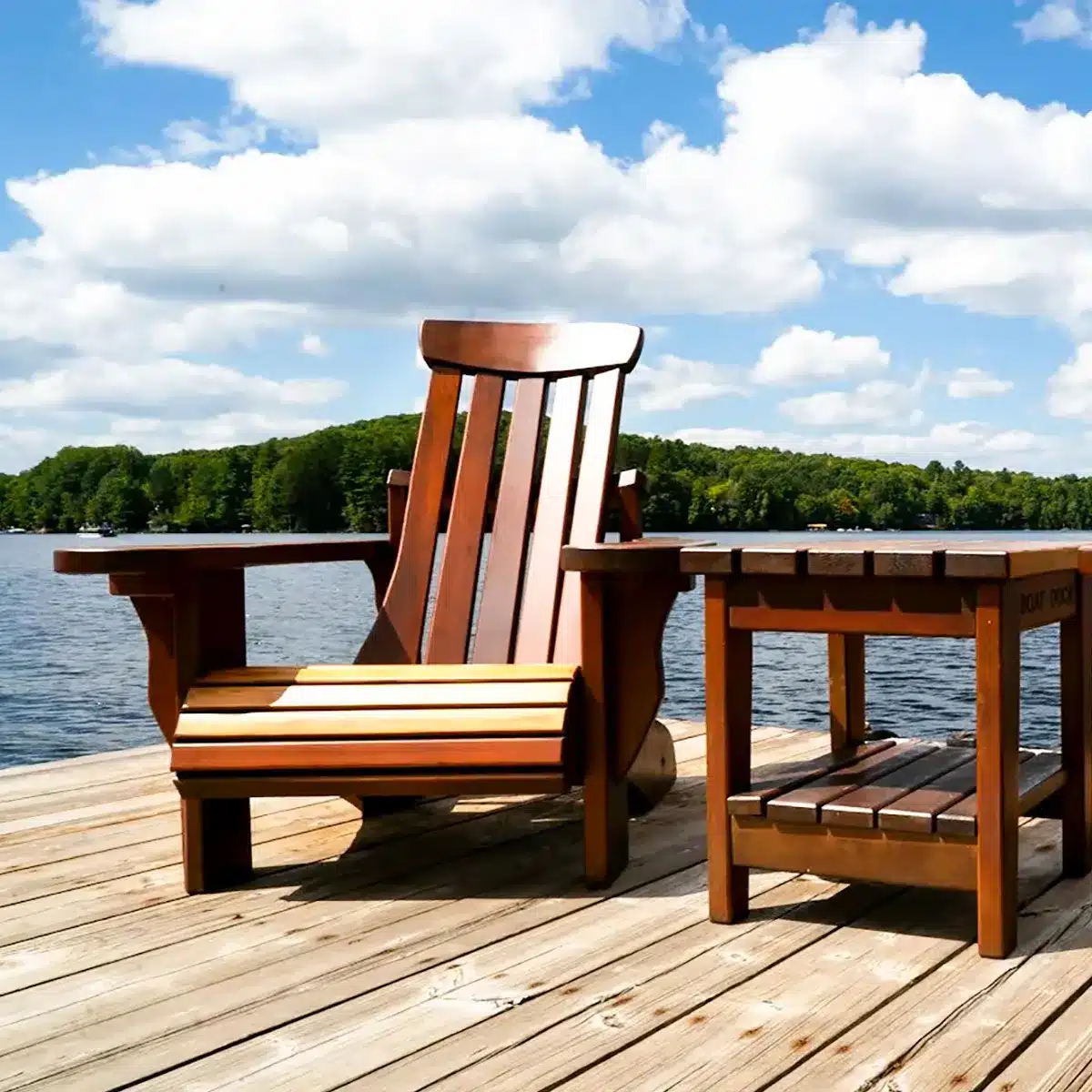 a wood adirondack chair by the pool