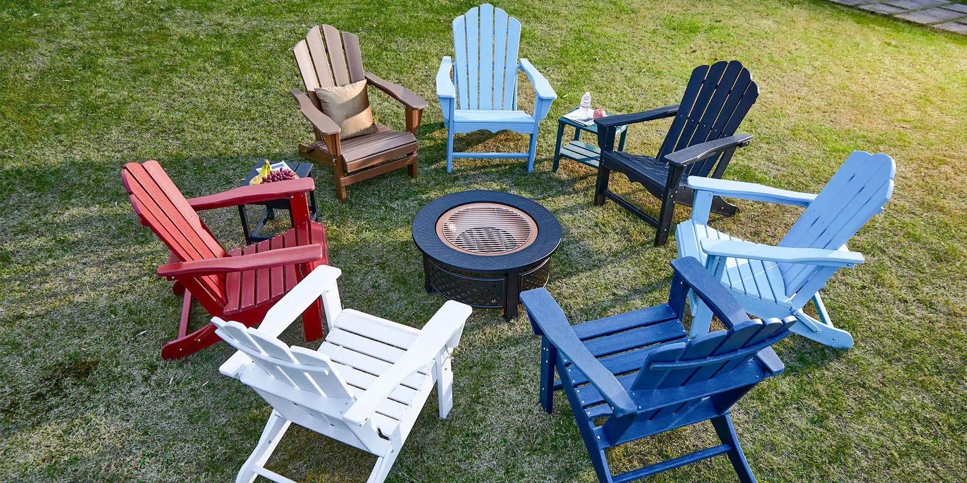 six adirondack chairs around fire pit