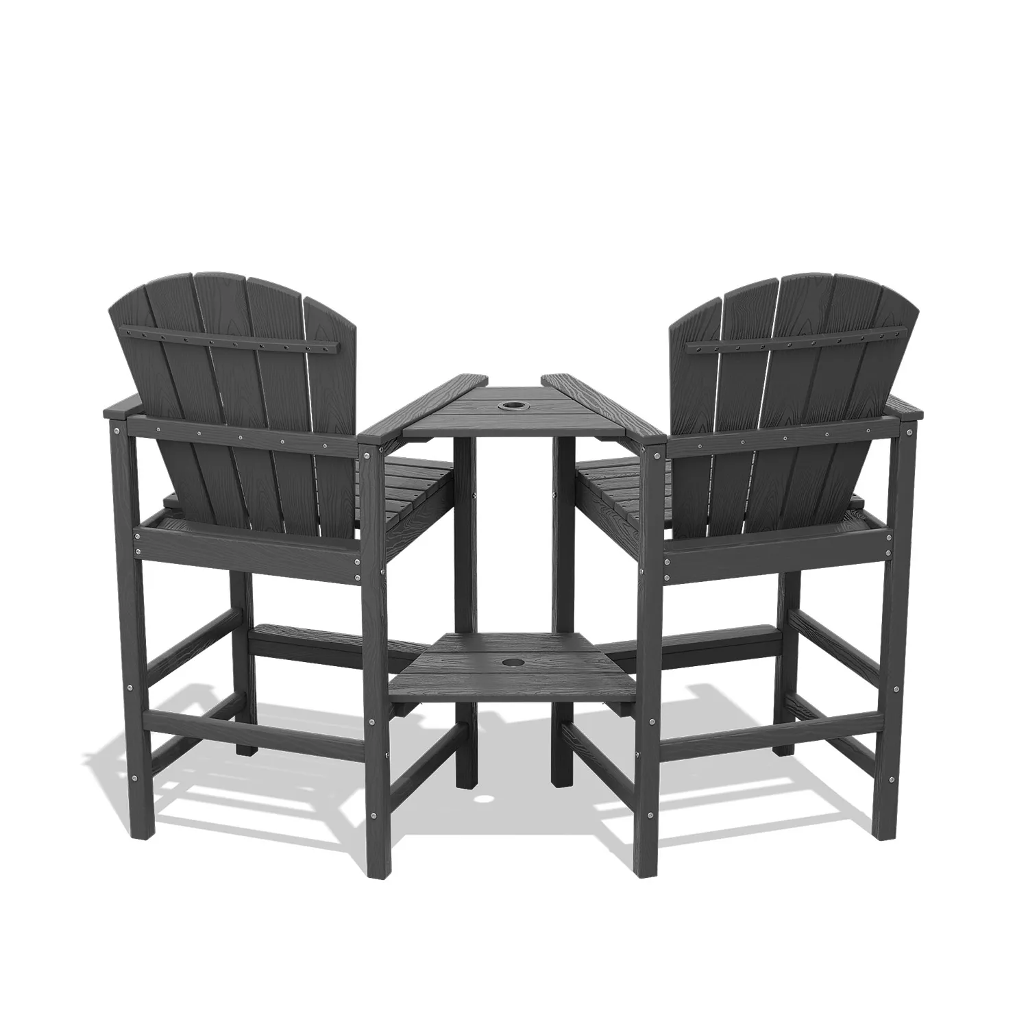 Two Adirondack chairs facing away with a shared center table
