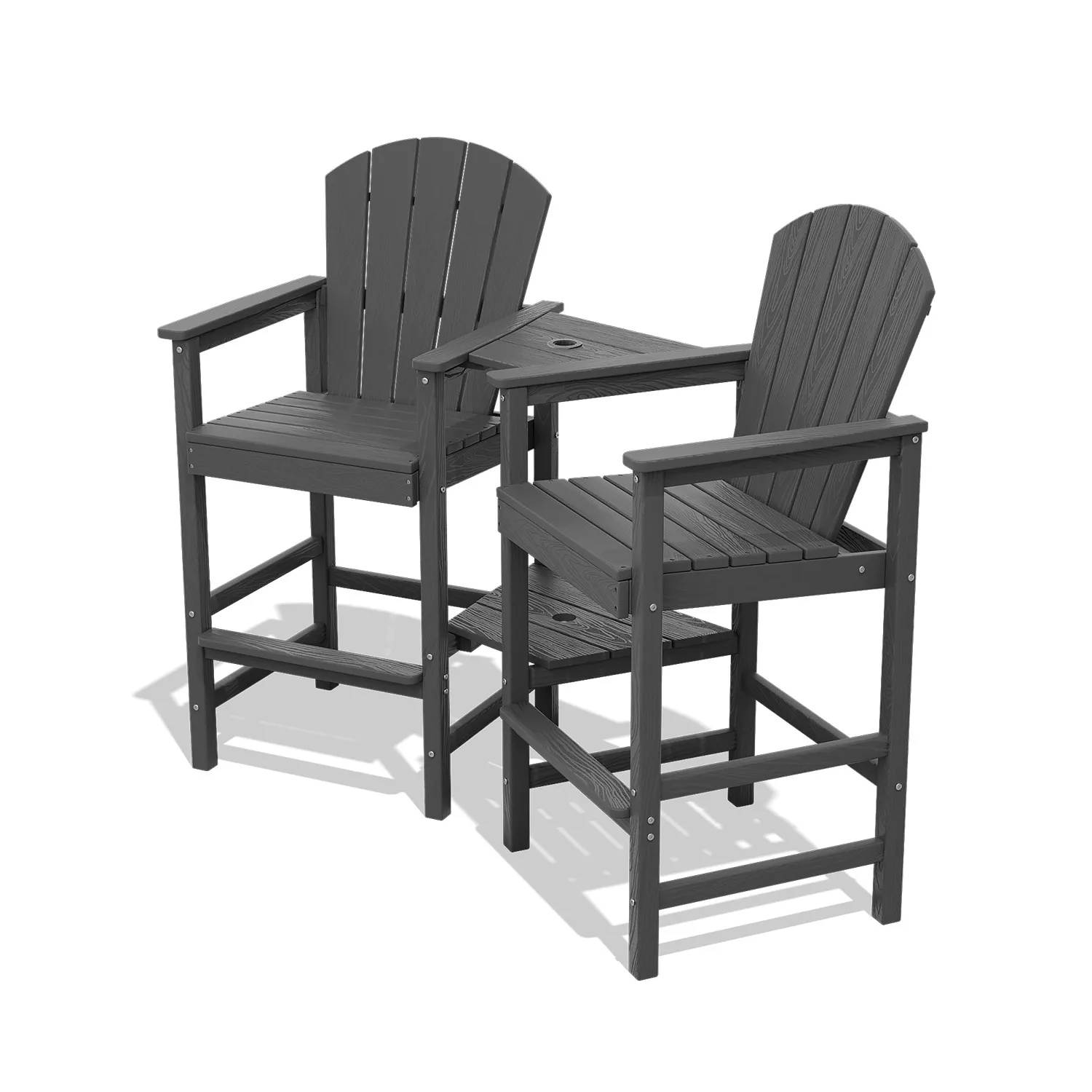 Two Adirondack chairs with a small table between by a pool