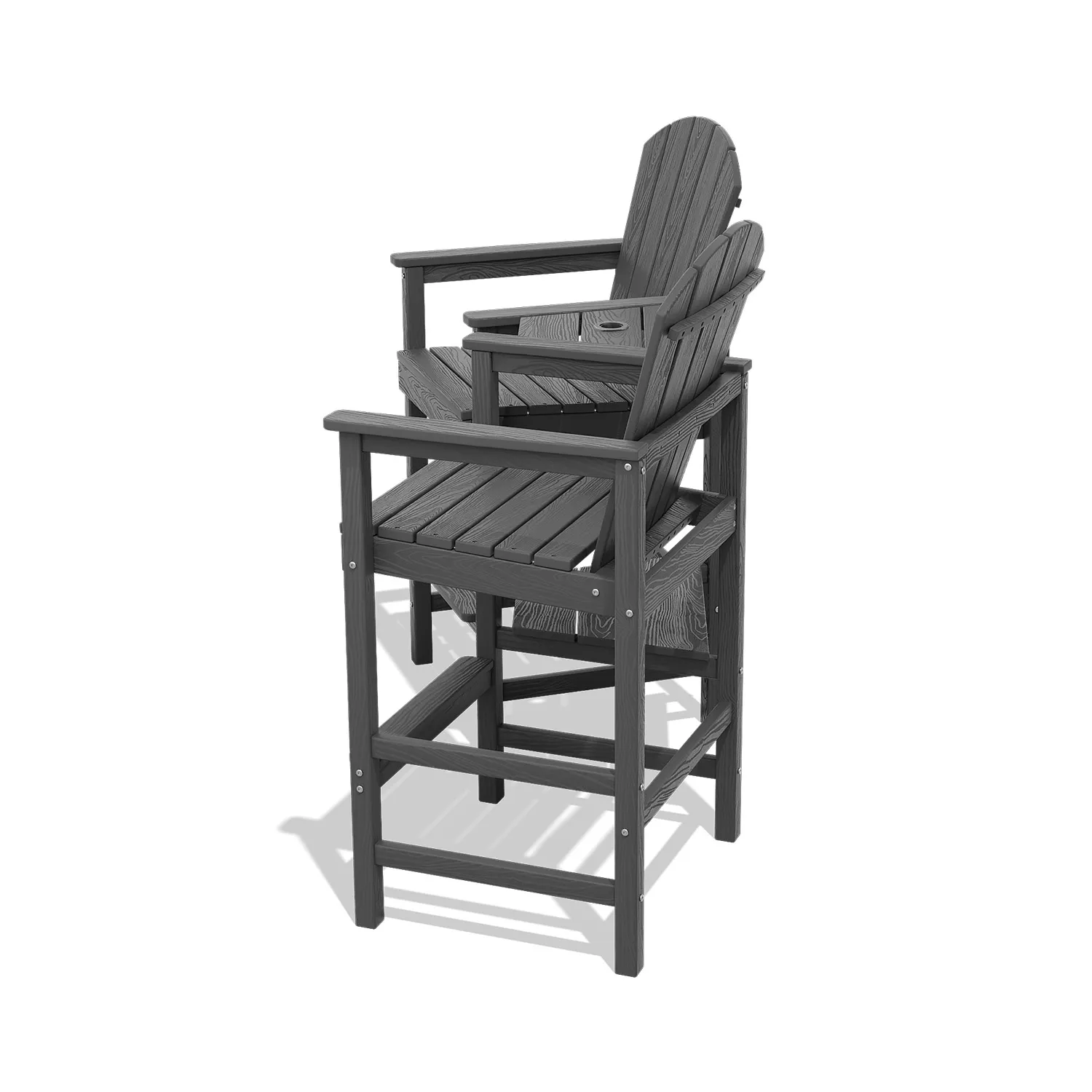 Two Adirondack chairs facing the pool with a small table and flower vase