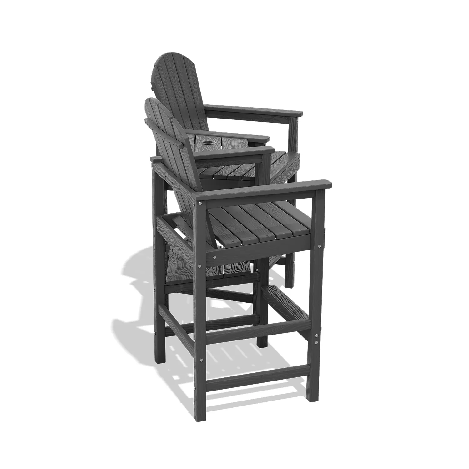 Pair of Adirondack chairs with a small central table on a poolside patio