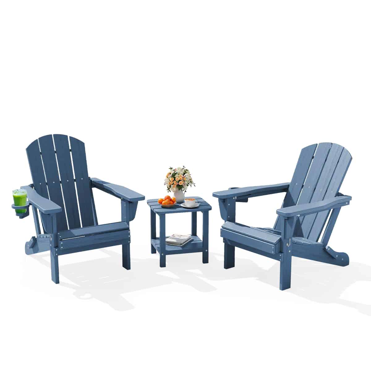 SERWALL Outdoor Poly 3-Piece Reclining Folding Adirondack Chair Set with Side Table