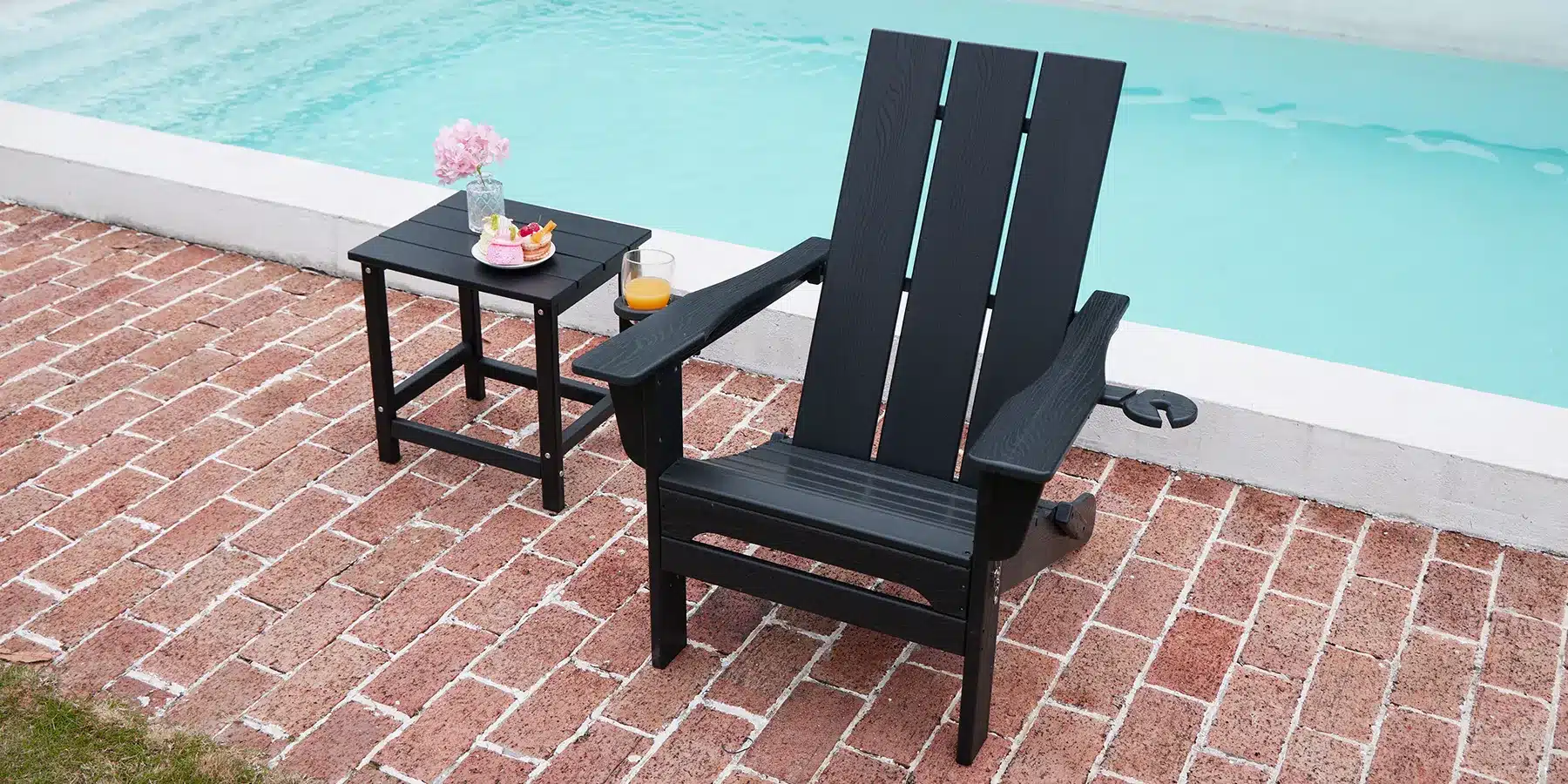 Black HDPE Poly Patio Side Table Pair with Adirondack Chair