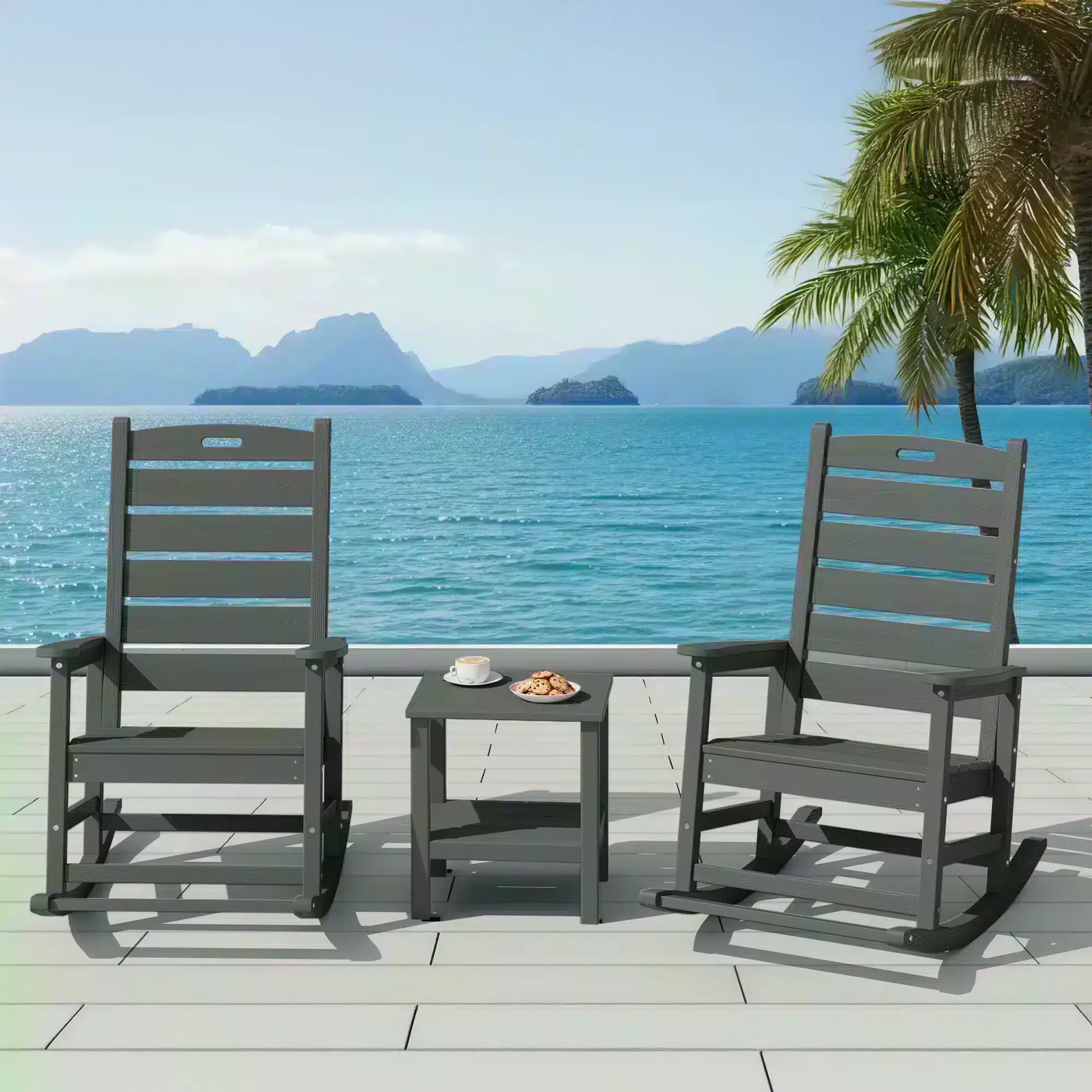 Outdoor Poly Rocking Chair Set of 2 with Side Table