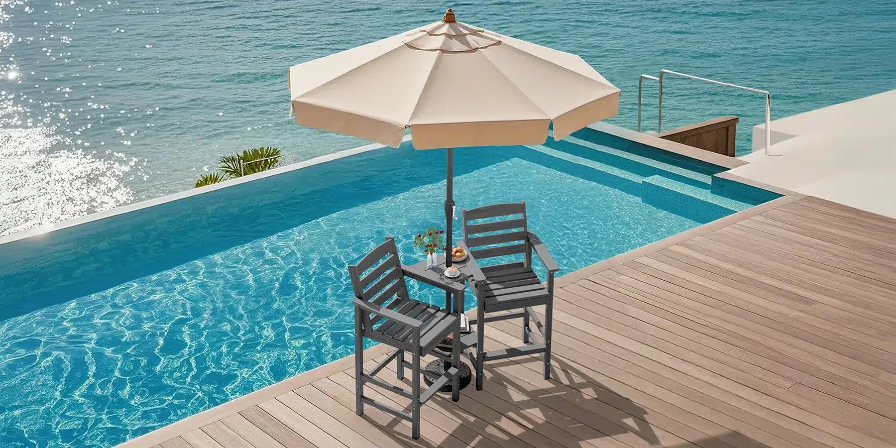 Outdoor Bar Height Chair Set with Patio Umbrella by Poolside