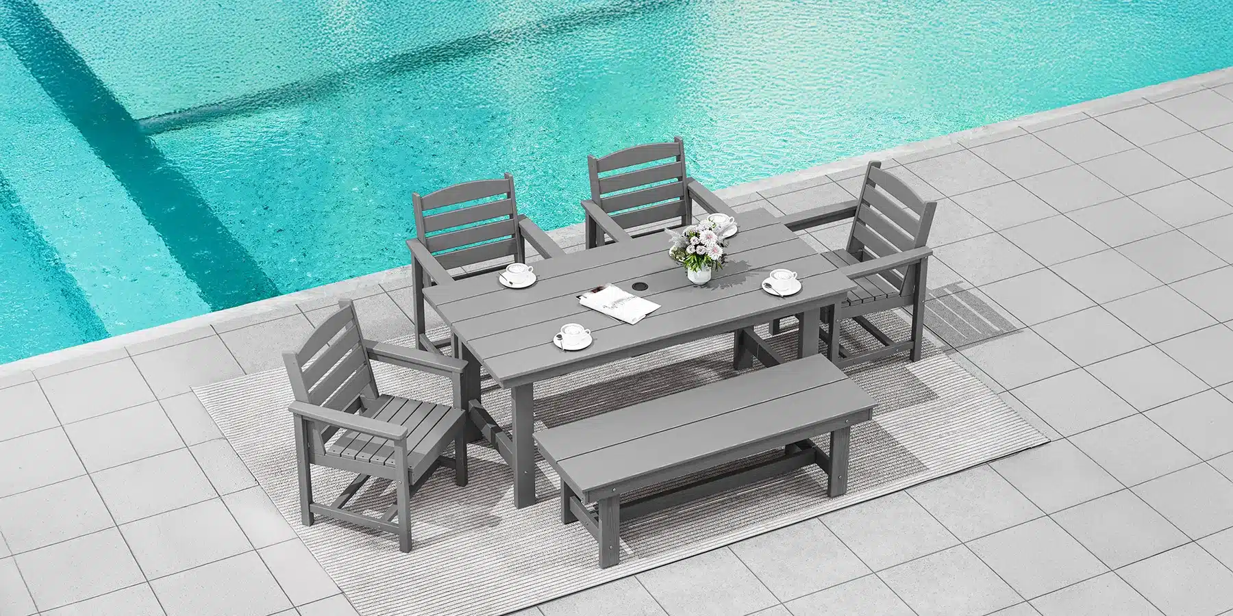 Outdoor 6 Person Dining Set by the Poolside
