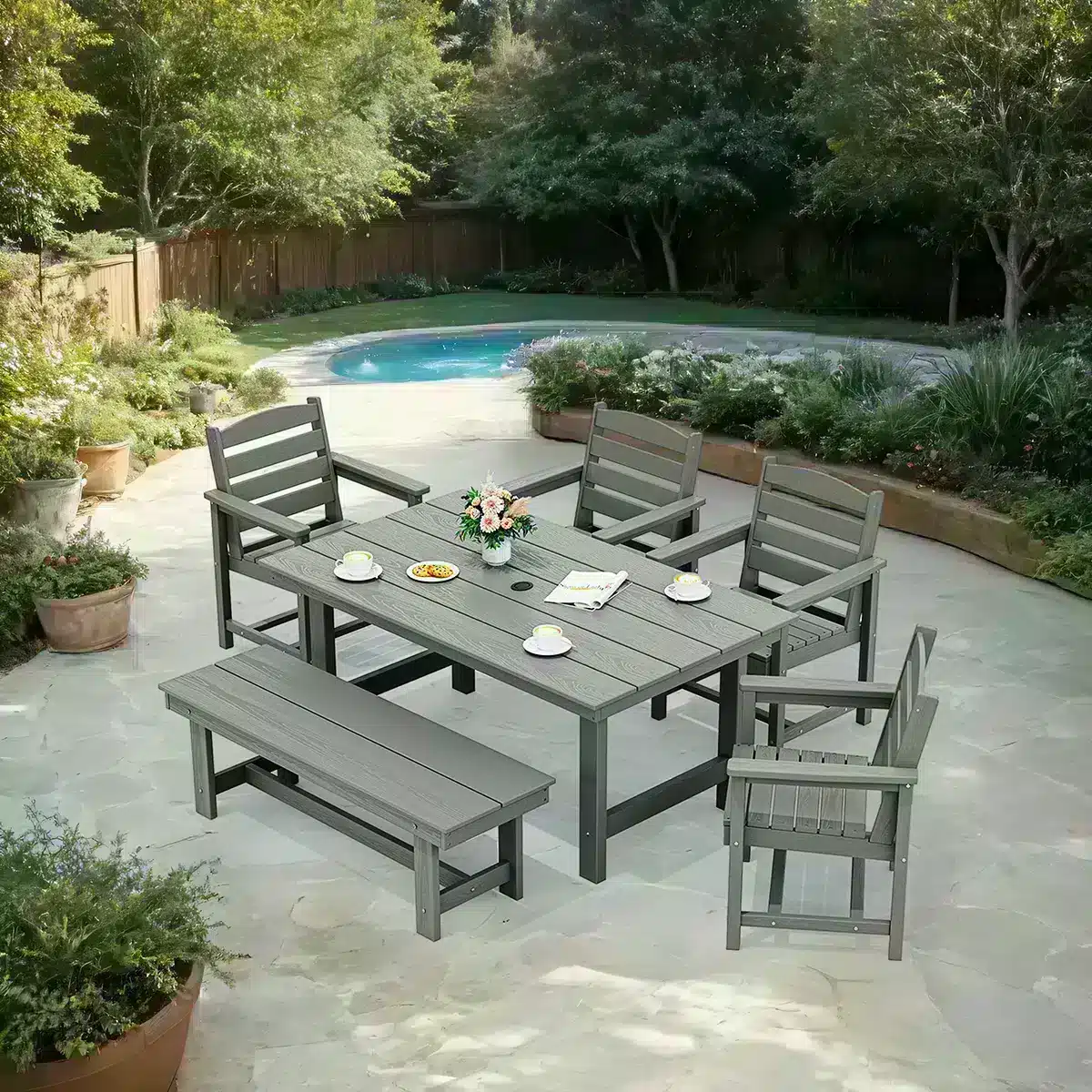 Outdoor 6 Seat Dining Sets with Bench and Armchairs