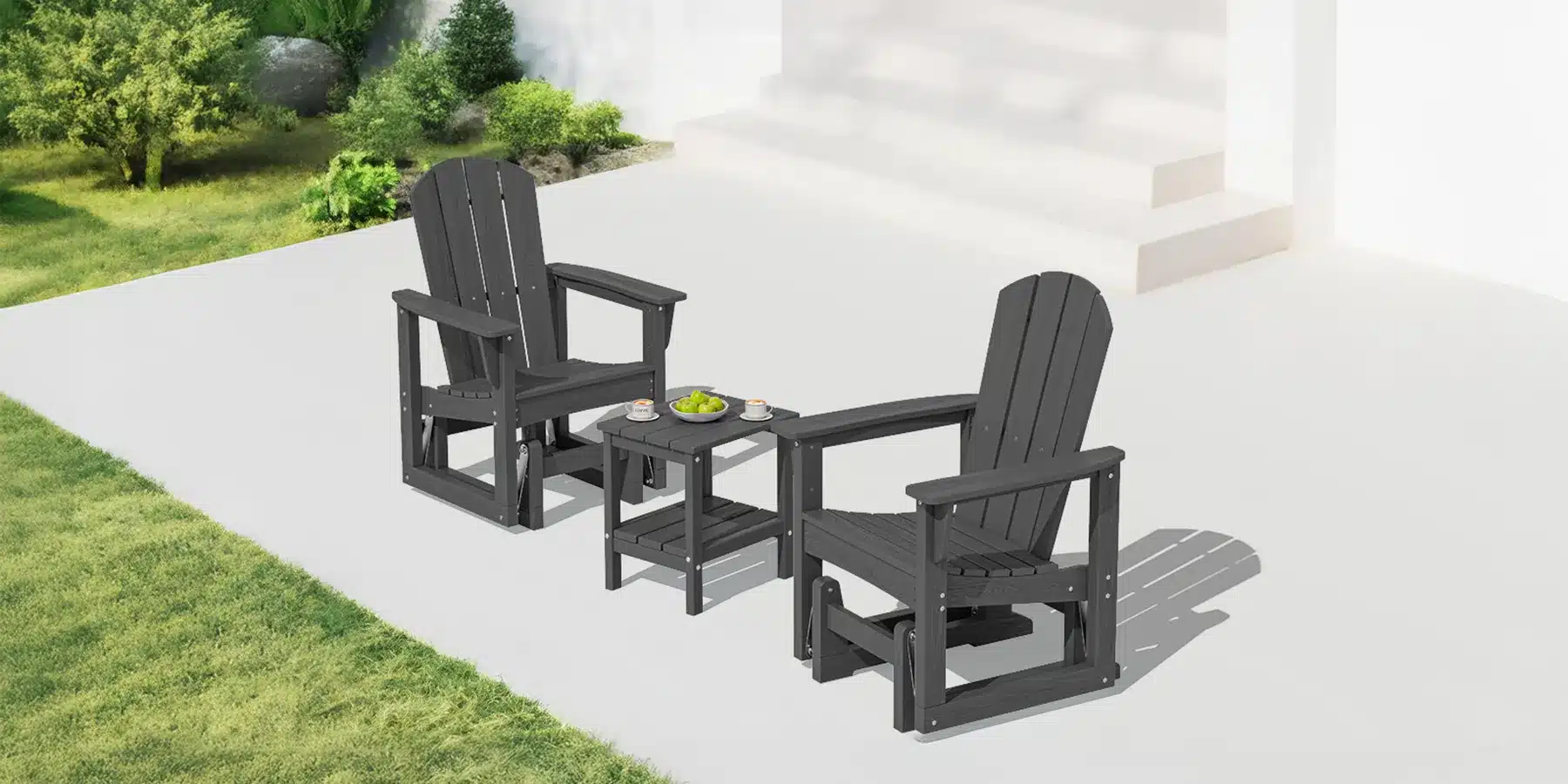 Poly Glider Chair Set of 2 with Side Table on the Porch