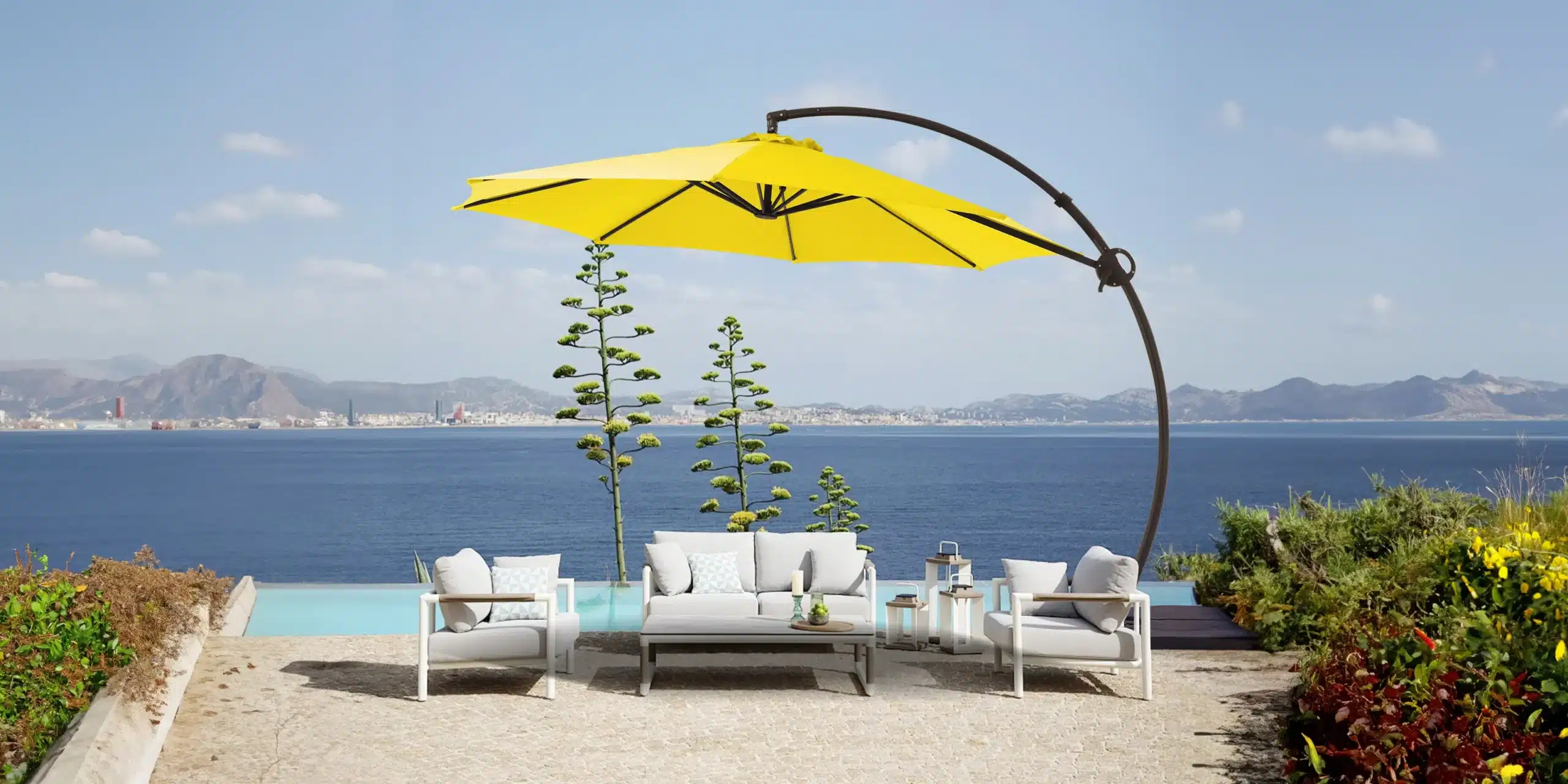 10 ft Round Curved Offset Hanging Umbrella with Sofa Set