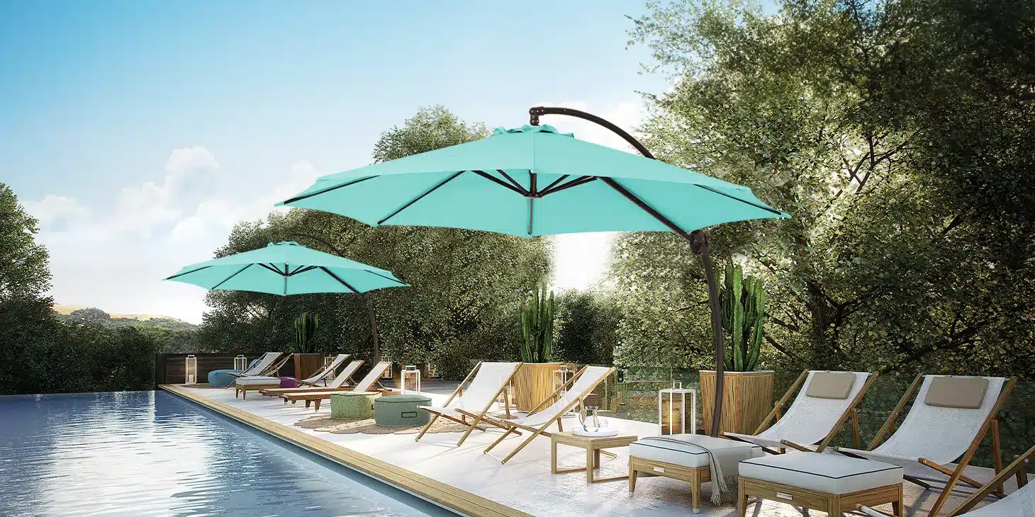 Blue 10ft Offset Curved Cantilever Umbrella by the Poolside