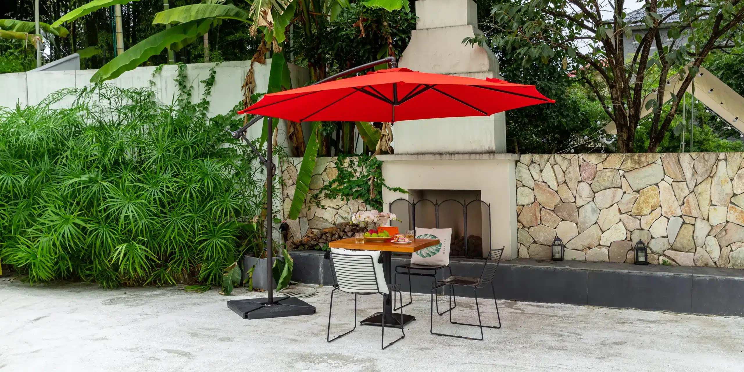 Red 10ft Offset Cantilever Umbrella with patio set