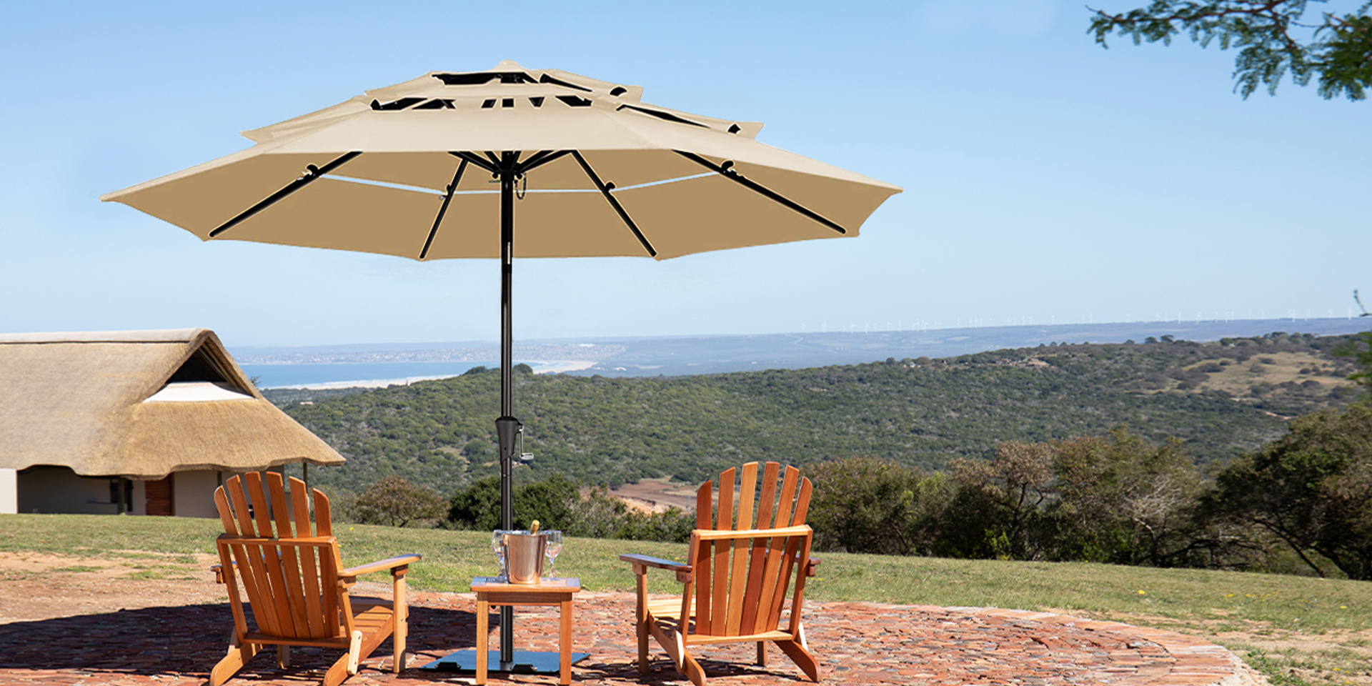 9ft 3 Tier Patio Umbrella with Adirondack Chair Set on the Outdoor