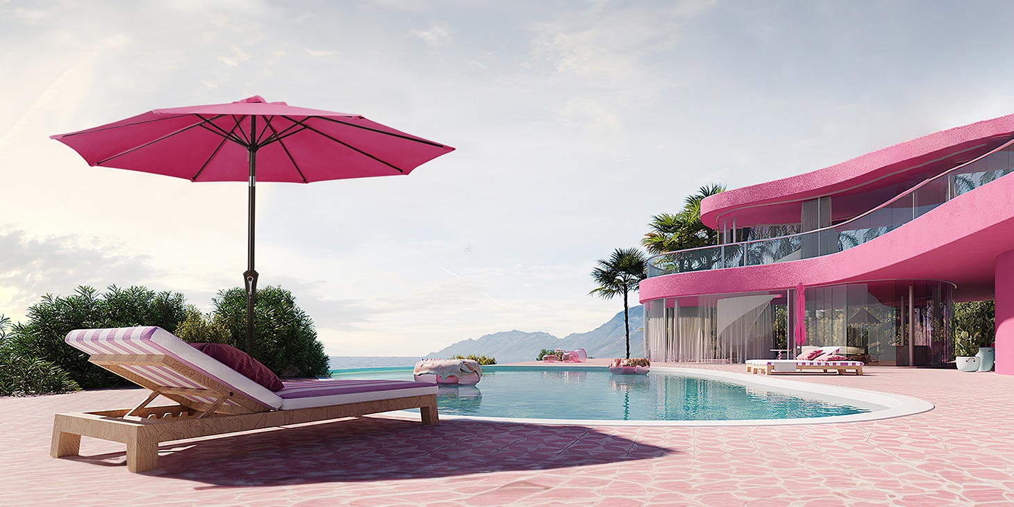 Pink Outdoor Round Tilt Market Umbrella by the Poolside