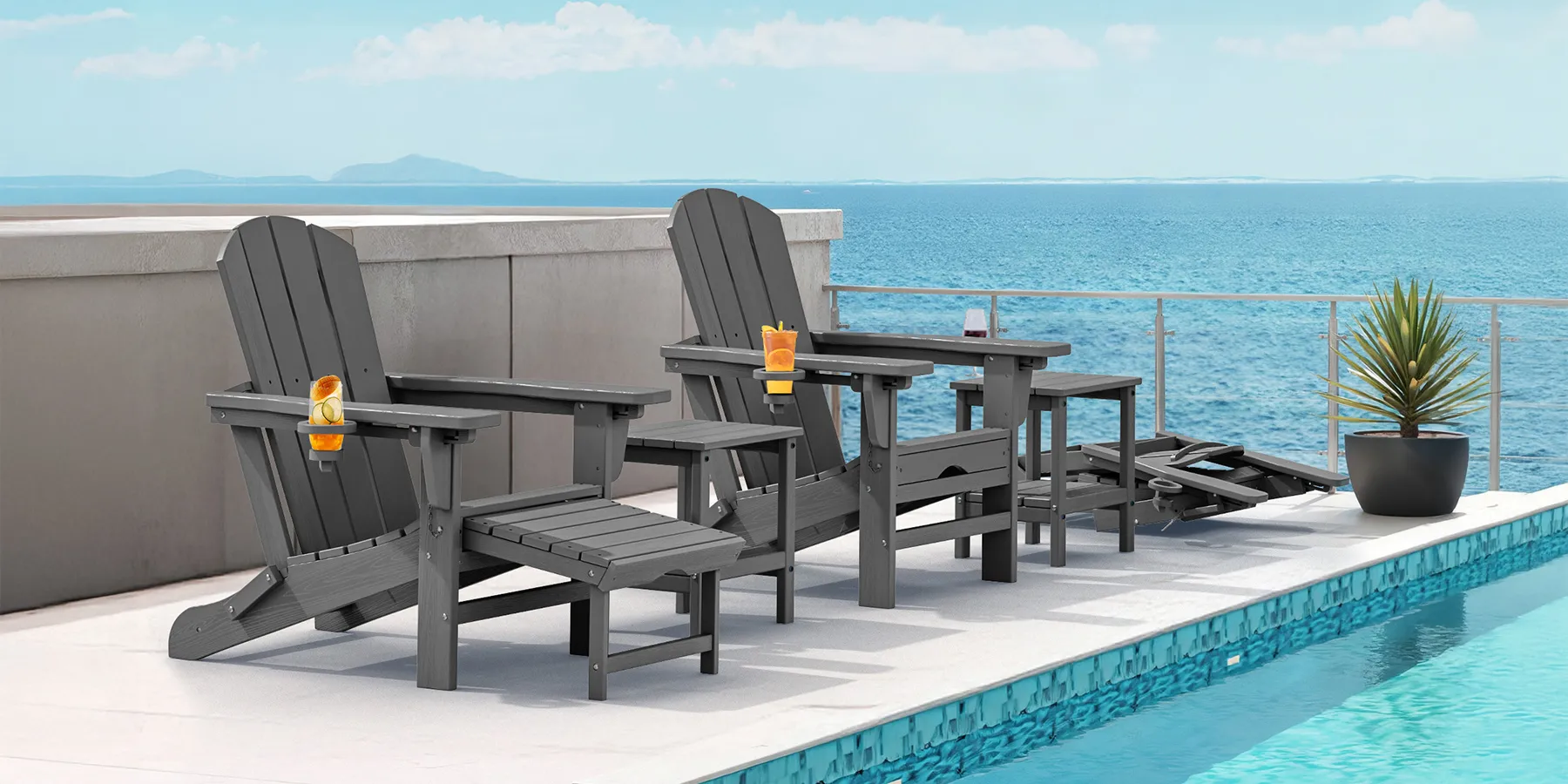 Folding Adirondack Chair with Retractable Footrest​ by the Poolside