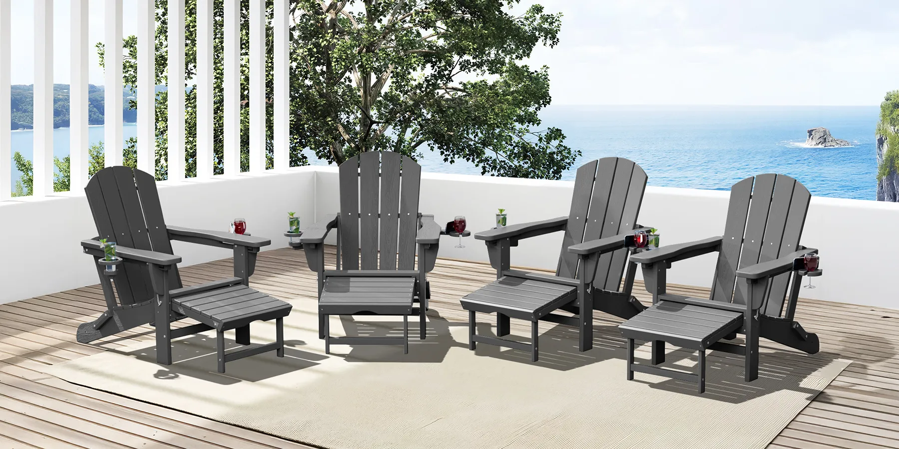 4-Piece Adirondack Chair with Retractable Footrest​ on the Patio