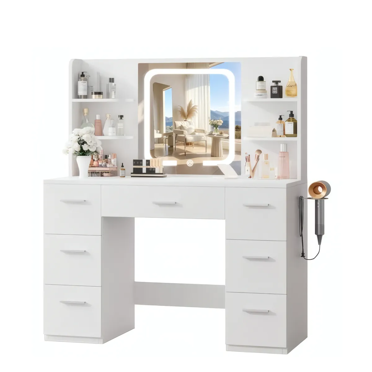 Modern Makeup Vanity Desk with LED Mirror and Storage Drawers