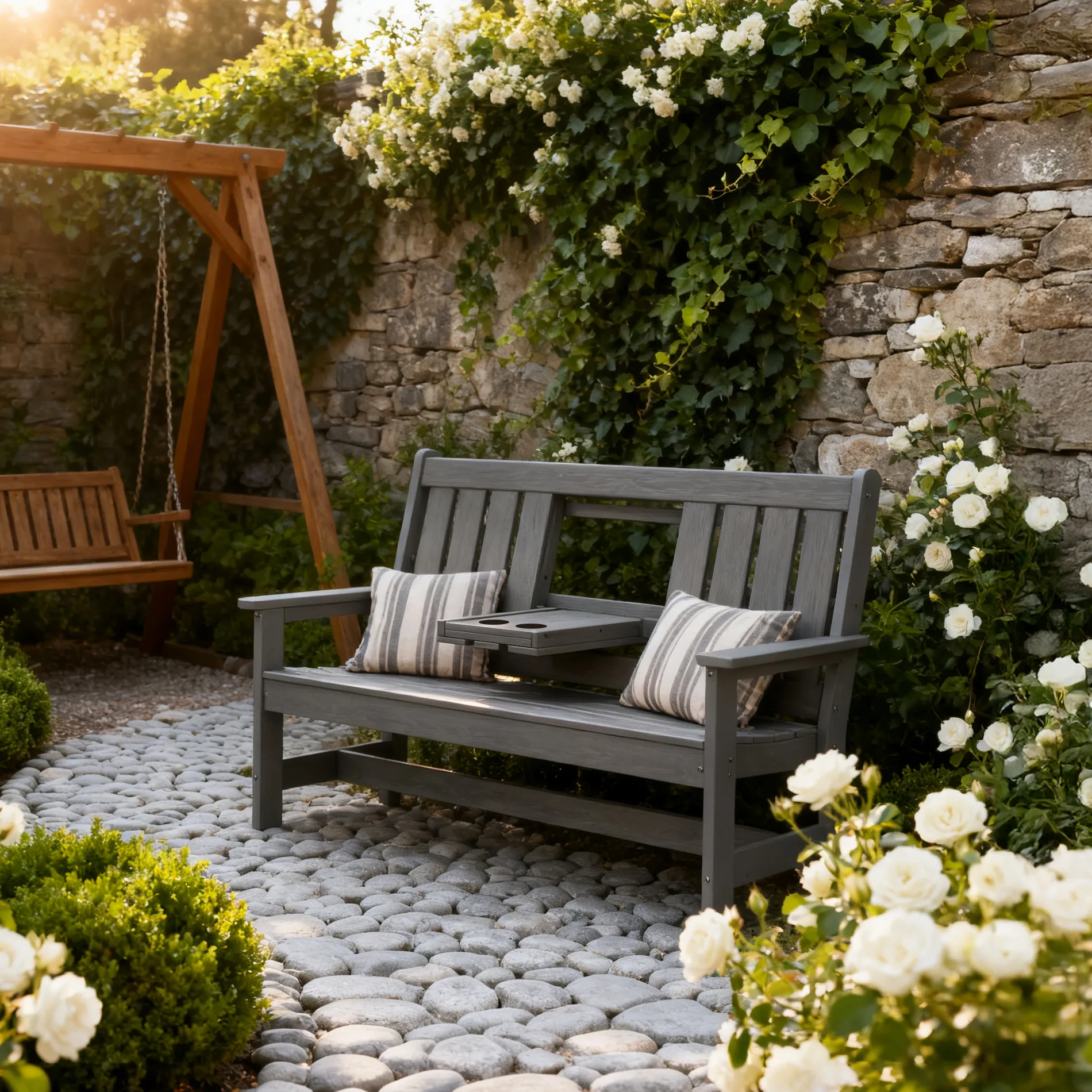 Gray Outdoor Garden Poly Bench with Cup Holder
