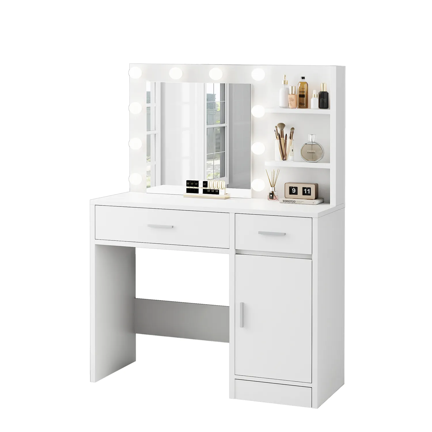 white modern vanity desk with hollywood lighted mirror White Modern Vanity Desk with Hollywood Lighted Mirror