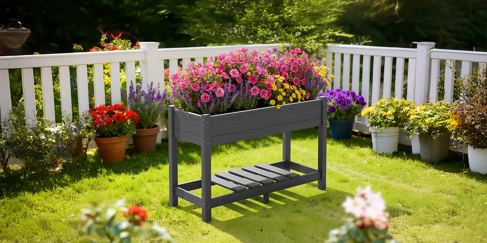 HDPE Raised Garden Bed with Flowers in the Garden