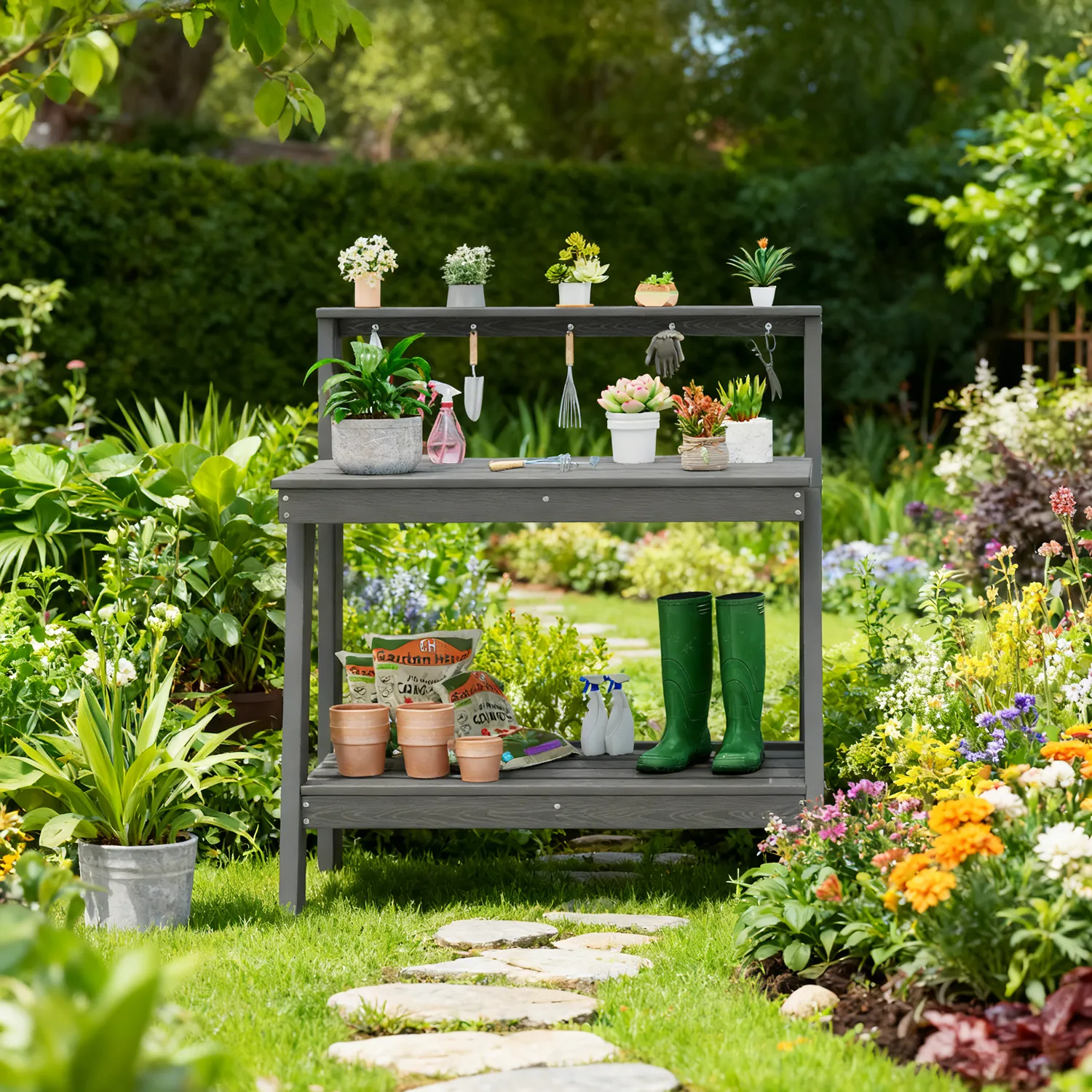 garden potting bench table with shelves an tool hooks - image 3 Garden Potting Bench Table with Shelves an Tool Hooks - Image 3