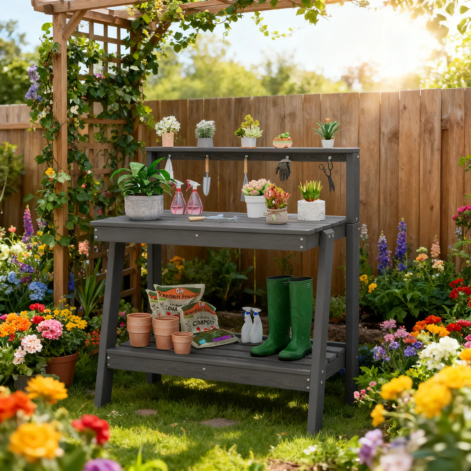 garden potting bench table with shelves an tool hooks - image 5 Garden Potting Bench Table with Shelves an Tool Hooks - Image 5