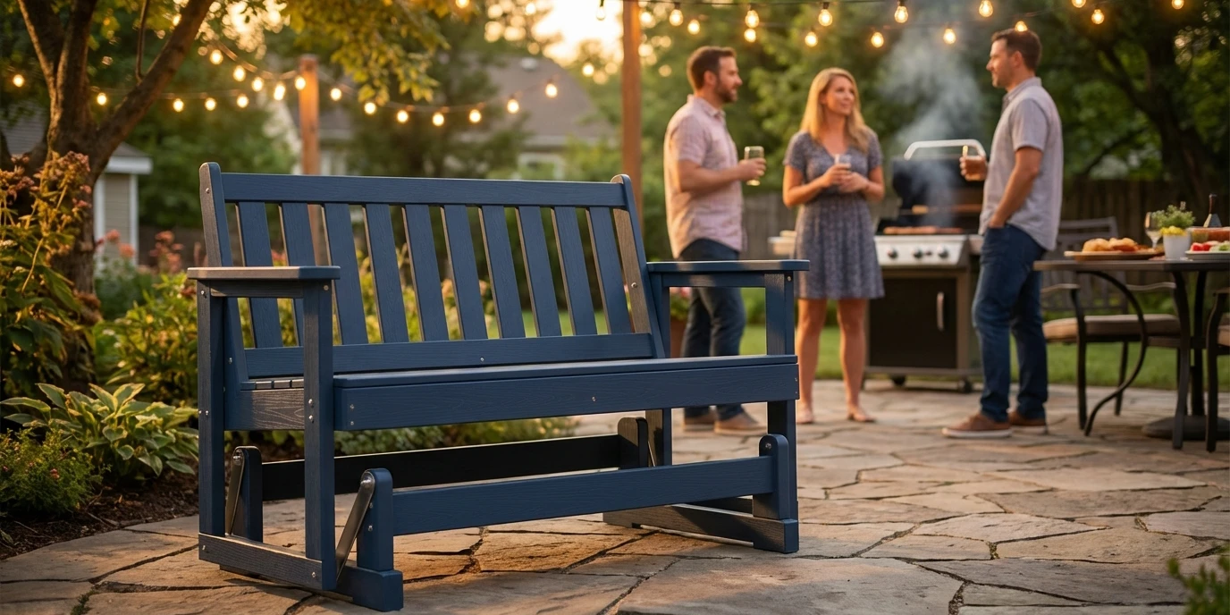 outdoor glider bench on the backyard party
