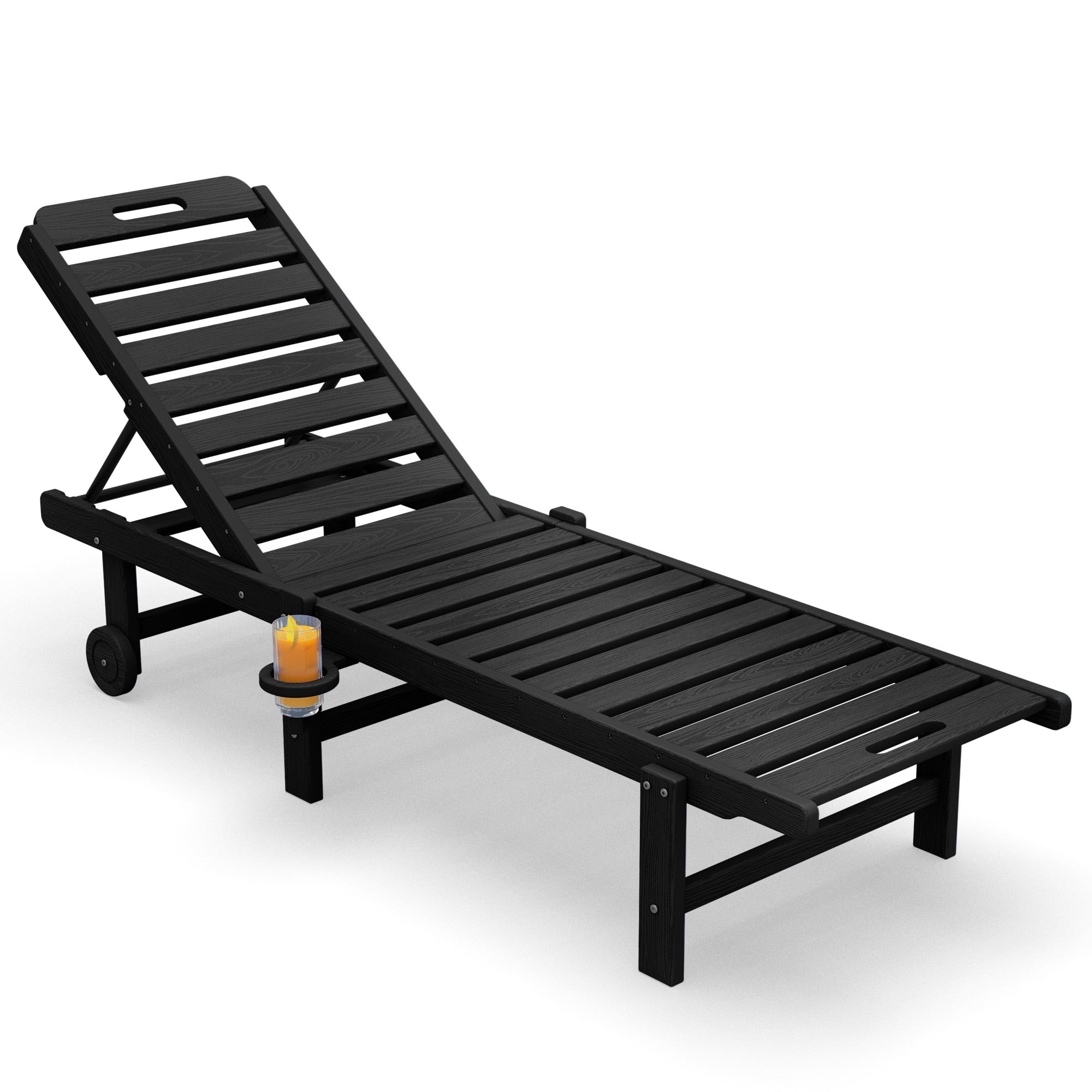 KINGYES Outdoor Armless Chaise Lounge, HDPE Pool Lounge Chair with Cup Holder & Wheels, Patio Lounger Chair for Poolside, Black