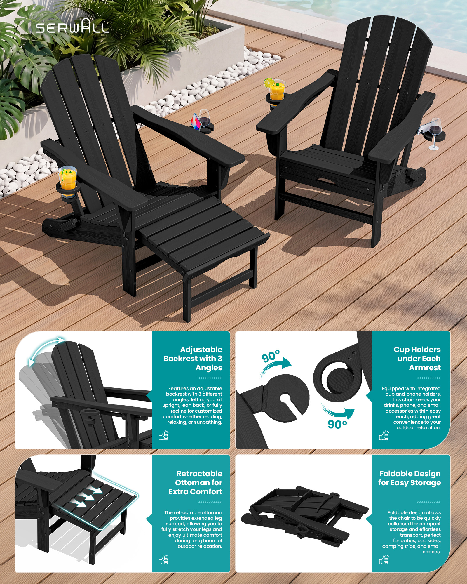 folding adjustable adirondack chairs with footrest set of 2 - image 5 Folding Adjustable Adirondack Chairs with Footrest Set of 2 - Image 5