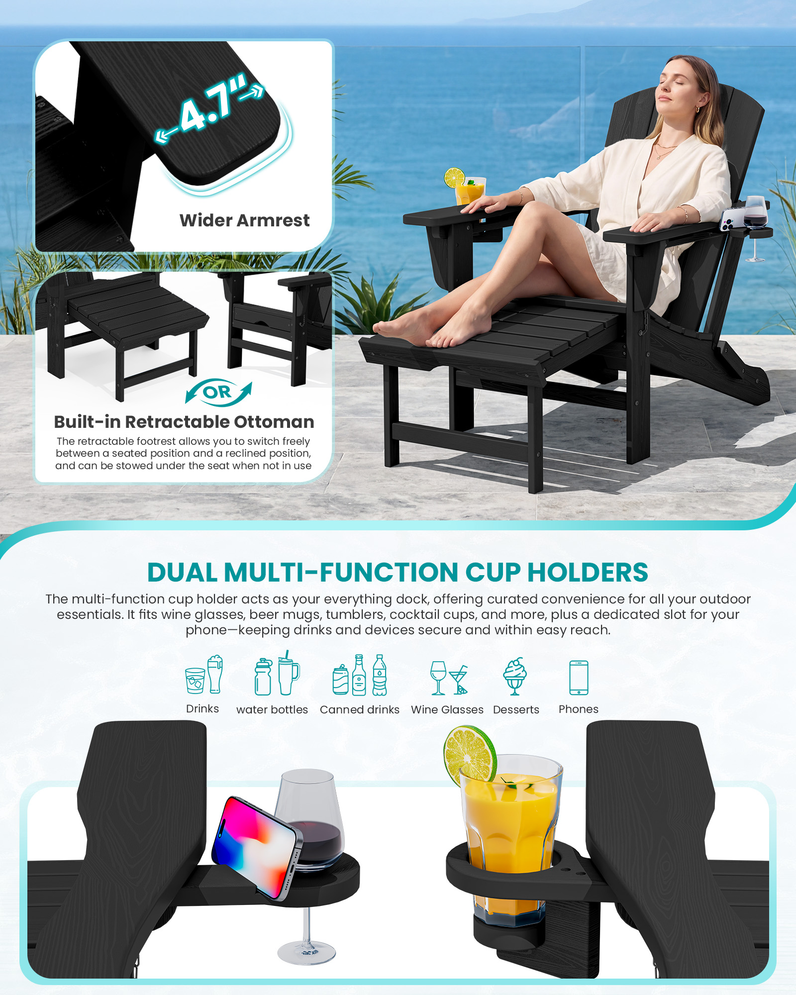 folding adjustable adirondack chairs with footrest set of 2 - image 6 Folding Adjustable Adirondack Chairs with Footrest Set of 2 - Image 6