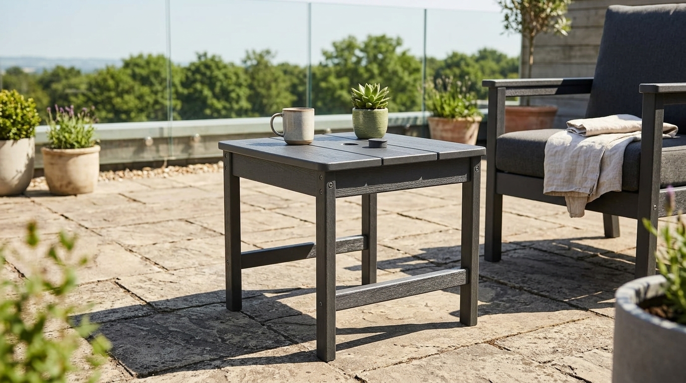 Gray outdoor side table paired with a matching Adirondack chair on a sunny garden patio