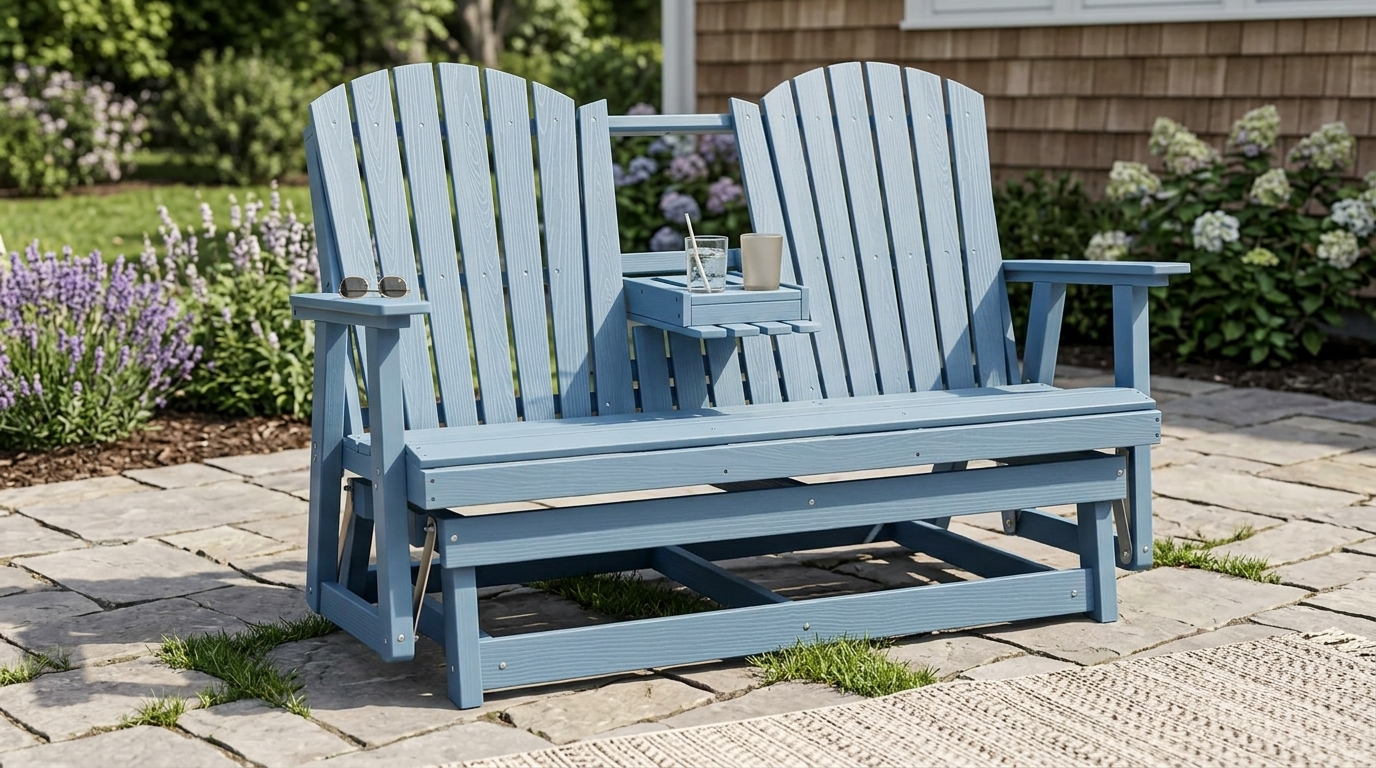 Blue HDPE three-person Adirondack-style glider bench with wood-grain texture, wide armrests, center console, and sturdy gliding frame on a stone garden patio.