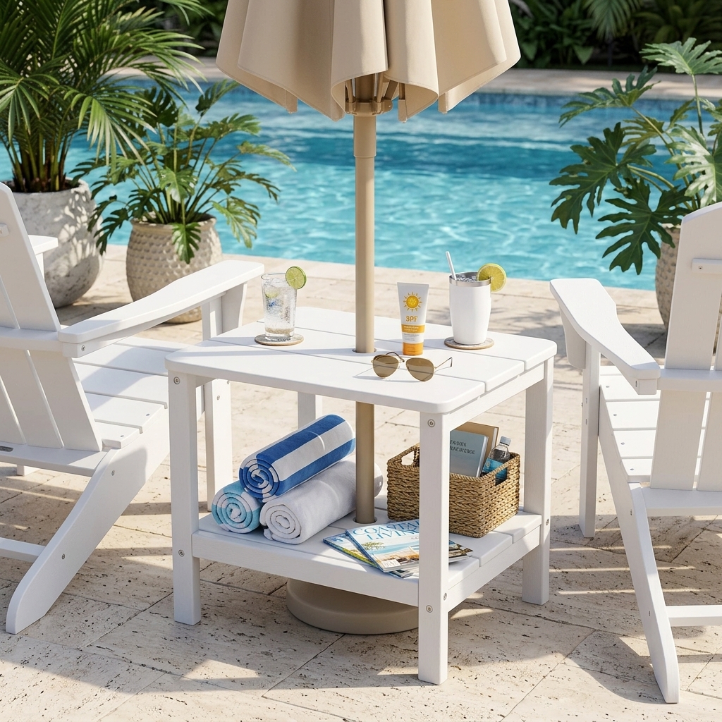 2-tier outdoor side table with umbrella hole – hips - image 3 2-Tier Outdoor Side Table with Umbrella Hole – HIPS - Image 3