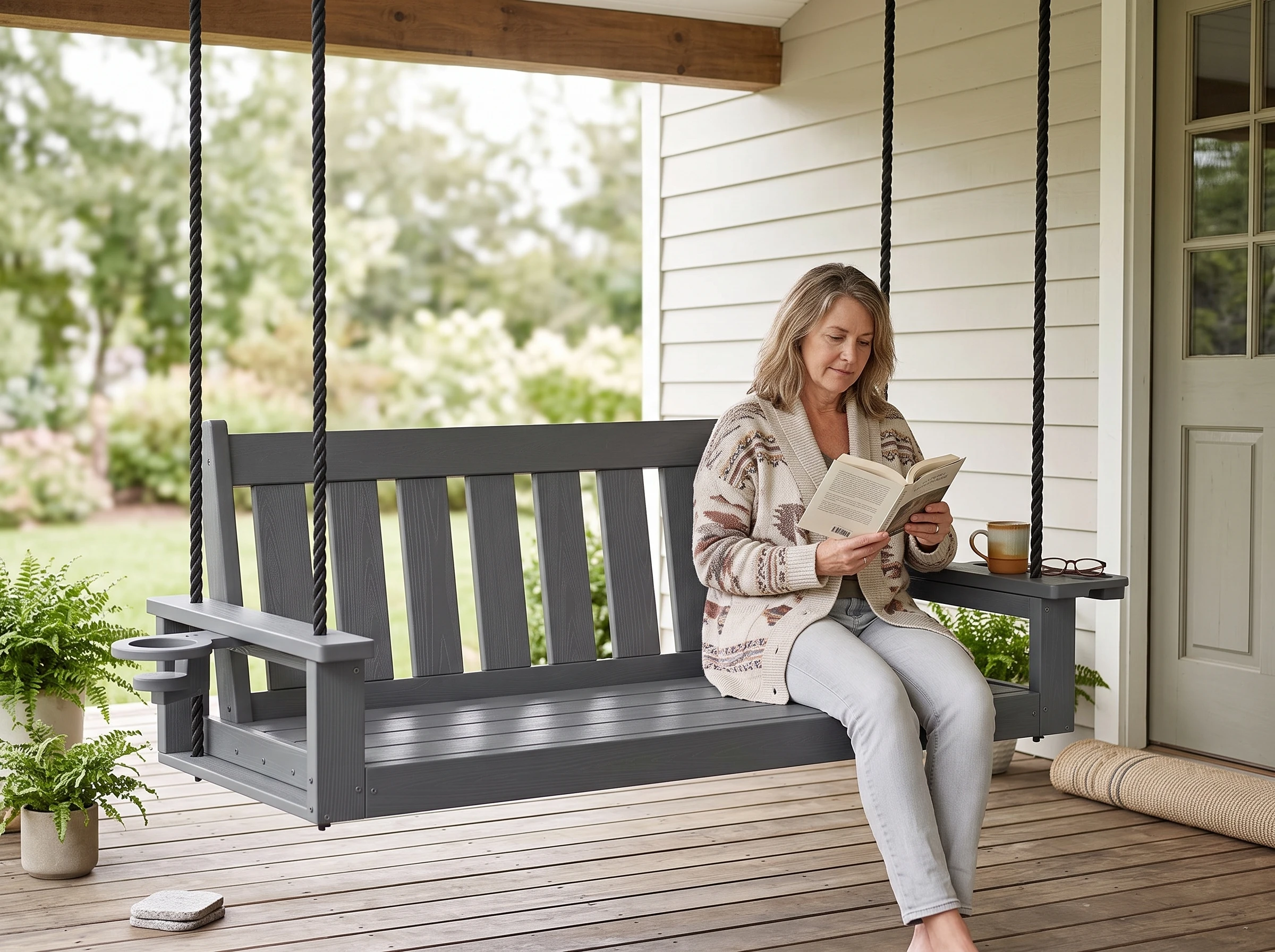hdpe 2-person porch swing with side tray & cup holder - image 5 HDPE 2-Person Porch Swing with Side Tray & Cup Holder - Image 5