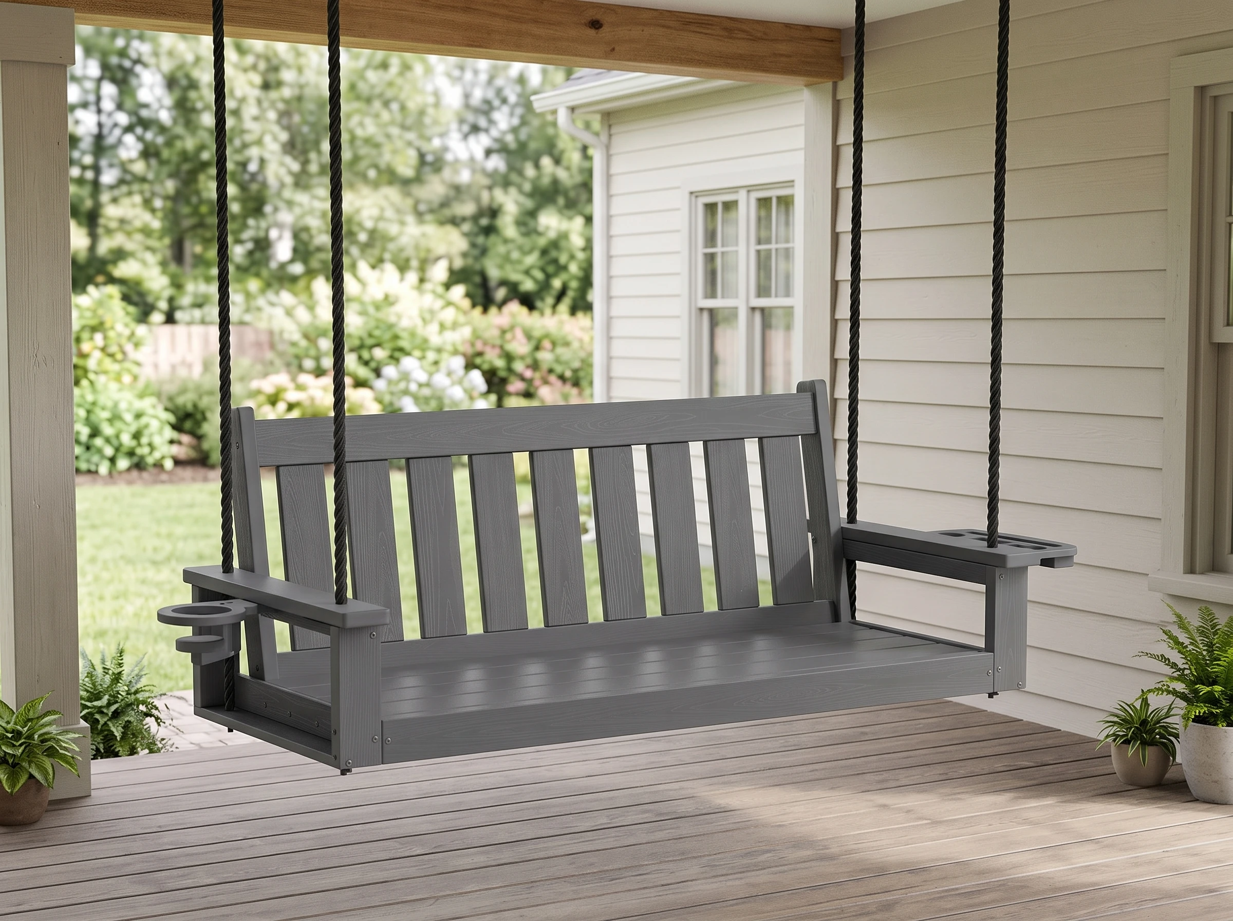 hdpe 2-person porch swing with side tray & cup holder - image 2 HDPE 2-Person Porch Swing with Side Tray & Cup Holder - Image 2