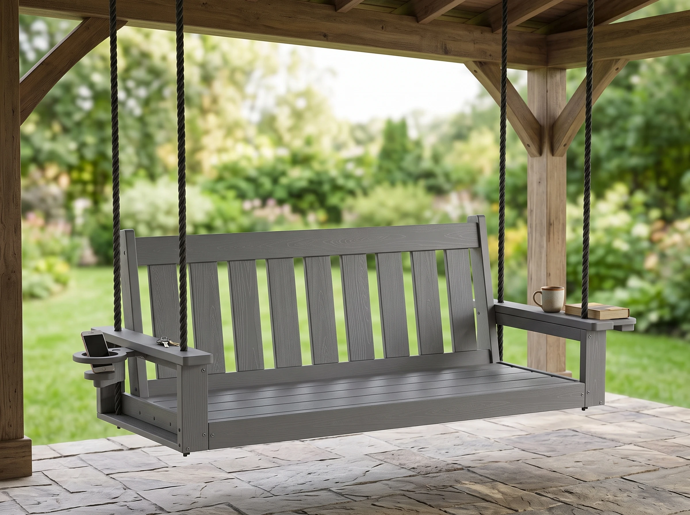 hdpe 2-person porch swing with side tray & cup holder - image 3 HDPE 2-Person Porch Swing with Side Tray & Cup Holder - Image 3